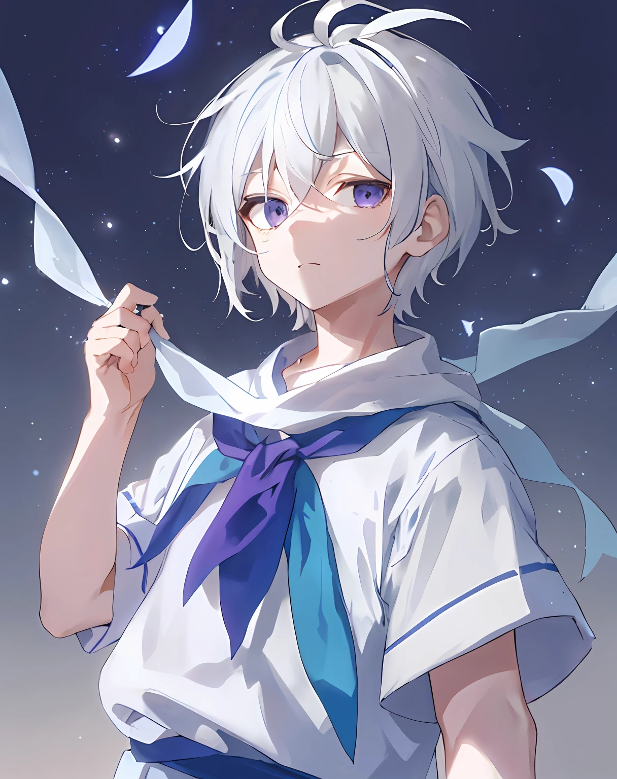 Picture quality: 1.2), (Natural: 0.9), (Simplicity: 0.7), (Boy: 1.2), (White hair: 1.1), (White clothes: 0.9), [ (Blue-violet gradient bandana: 1.3): 1.1 ]