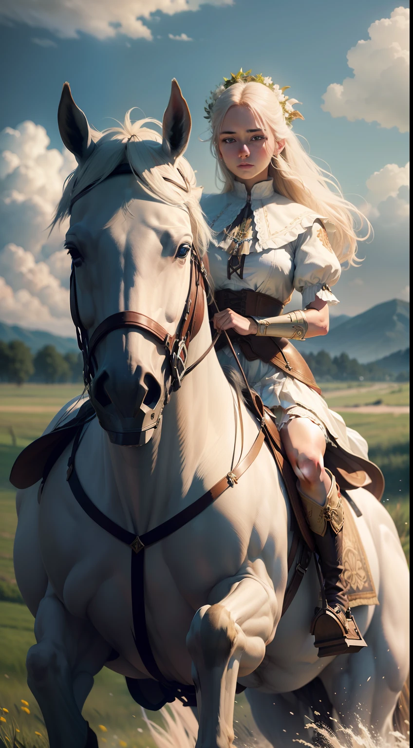 Spring Maiden riding a white horse on the prairie, masterpiece, best quality, high quality, extremely detailed CG unit 8k wallpaper,bokeh, depth of field, HDR, flood, chromatic aberration, realistic, very detailed,