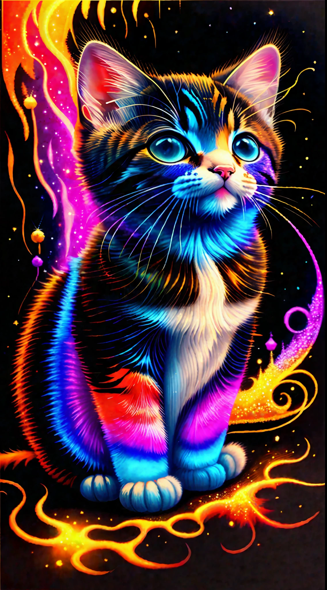 a painting of a colorful kitten on a black background,, breathtaking rendering, within a radiant connection, inspired by Kinuko Y. Craft,, magical elements, kitten icon, wow, is beautiful, casting a multi colorful spell, bright flash, flash