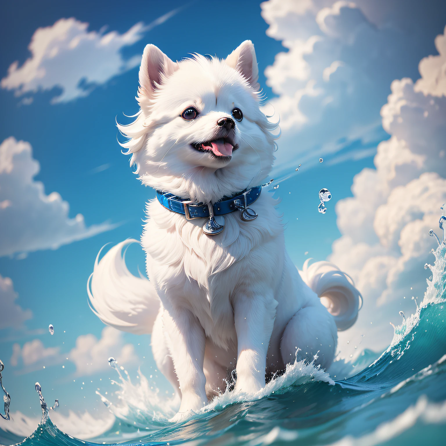 ((Best Quality, 8K, Masterpiece: 1.3)), White Pomeranian, Sea, Blue Sky, White Cloud Background, Water Splashing Action --auto --s2