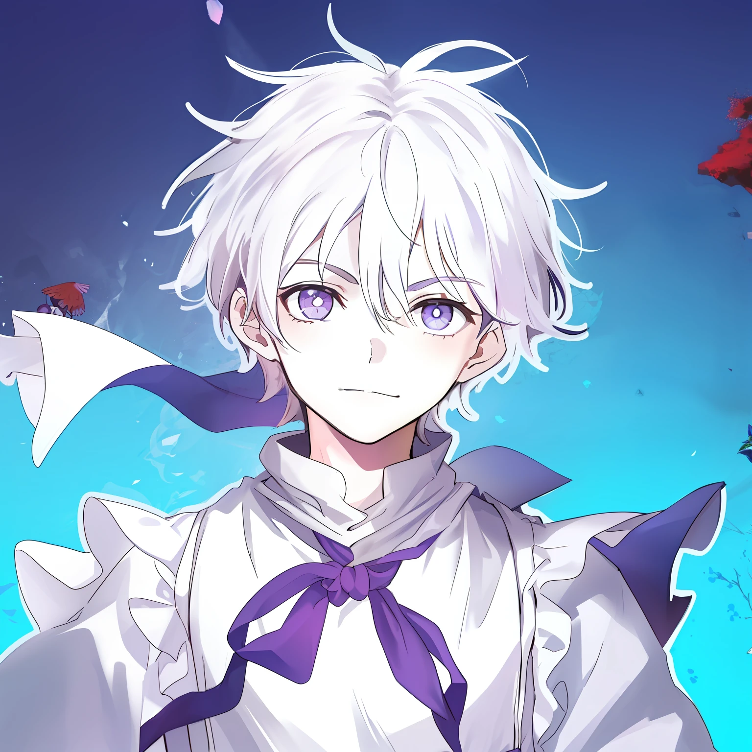 Picture quality: 1.2), (Natural: 0.9), (Simplicity: 0.7), (Boy: 1.2), (White hair: 1.1), (White clothes: 0.9), [ (Blue-violet gradient bandana: 1.3): 1.1 ]
