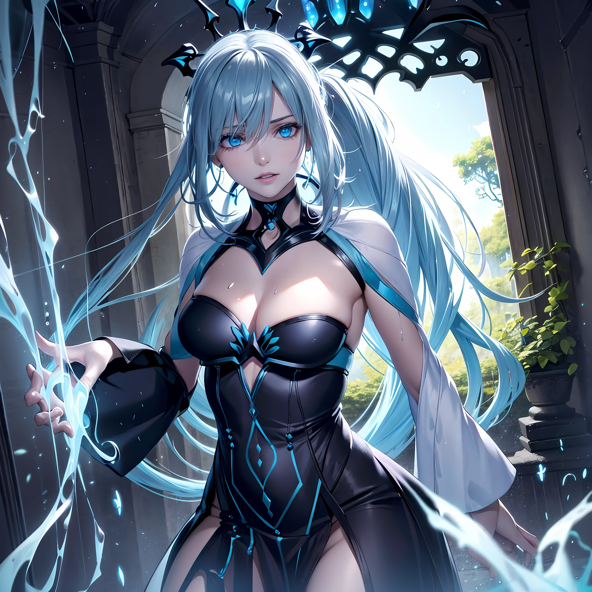 illustration, cinematic light, highres, highest quallity, ultra detailed, detailed face, (detailed eyes), best quality, hyper detailed, masterpiece, (detailed face), clean face, sexy mature woman wears transparent (torn) cloths, floating cloth, see through, choker, open cloths, nsfw, high heels, blue eyes, neon tiny glowing hair ends, dark fantasy forest, glowing plants with neon details, dark magic, (portal:1.15) to the underworld in the background, light reflection, heart shaped iris, playful eyes, open shoulder, rain, (wet body), tiny glowing butterfly, hair jewery