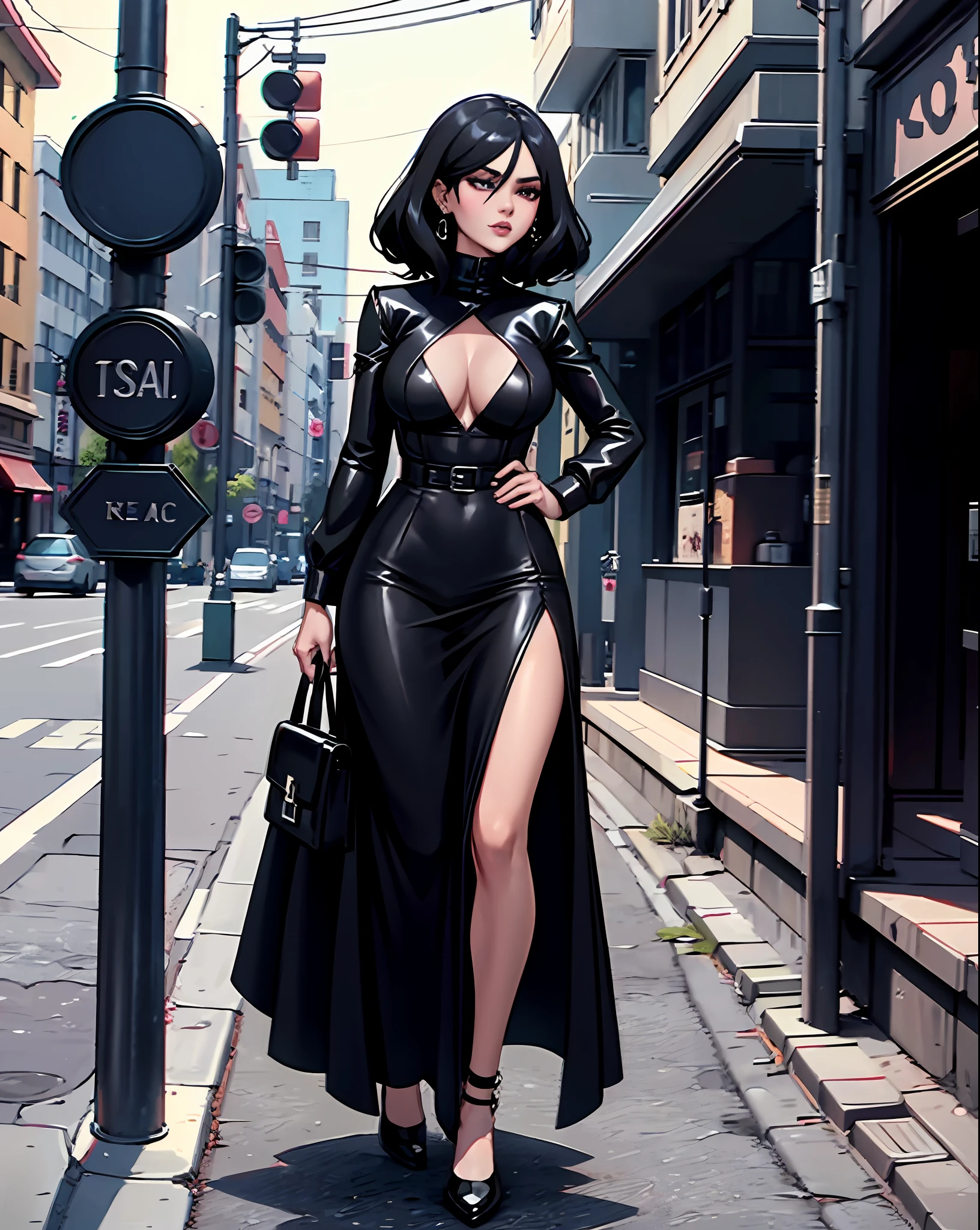 araffe woman in black dress and black purse standing on sidewalk, wearing in black clothes, open v chest clothes, black outfit, y style, very sexutfit, mai anh tran, wearing black clothes, dressed all in black, sexy l, korean girl, black clothes, sexy outf 1 8 yo, wearinack modern clothes, black bodysuit