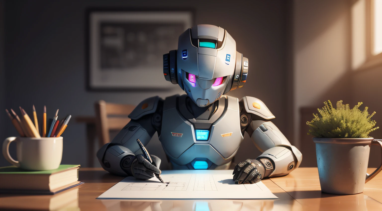 An artificial intelligence robot sits at a table, the robot is drawing, and the robot is holding a pen