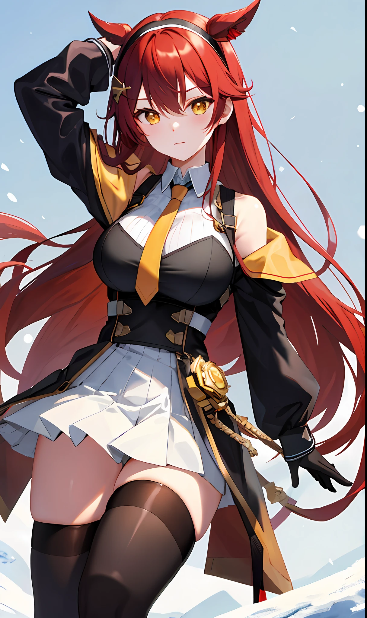 ((masterpiece, best quality)), (1girl),((mature female)), red hair,thighhighs, hairband, thighs, long sleeves, gloves,  bangs, dark golden yellow eyes, long hair, leotard, hair ornament, black hairband, shoulder cutout, black thighhighs, blue necktie, (large breasts:1.2), (busty),armpits, tying hair,curvy,cleavage,confident, [wide hips],snowing,nature, pov