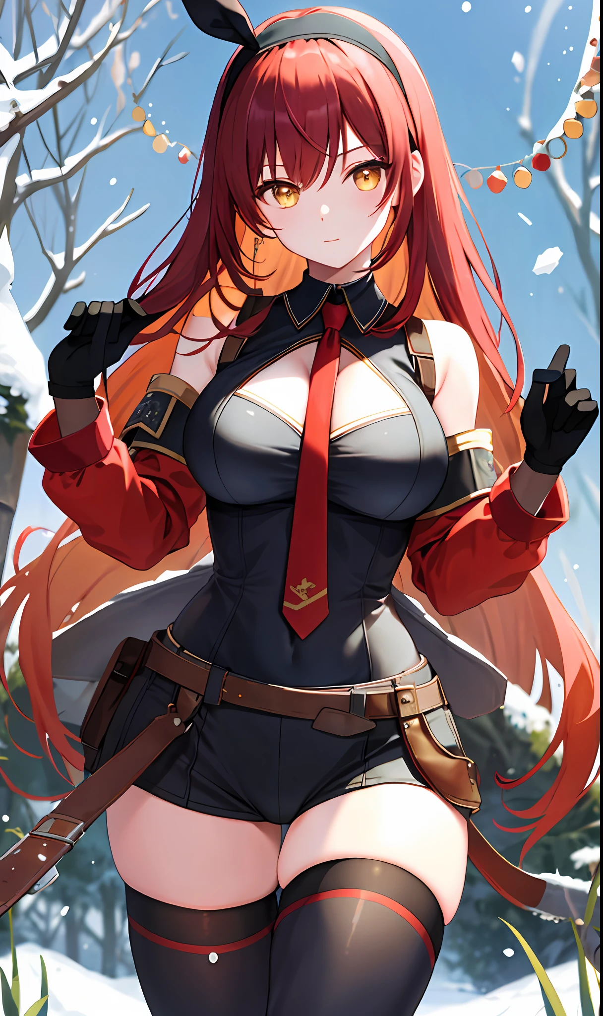 ((masterpiece, best quality)), (1girl),((mature female)), red hair,thighhighs, hairband, thighs, long sleeves, gloves,  bangs, dark golden yellow eyes, long hair, leotard, hair ornament, black hairband, shoulder cutout, black thighhighs, blue necktie, (:1.2), (busty),armpits, tying hair,curvy,cleavage,confident, [wide hips],snowing,nature, pov