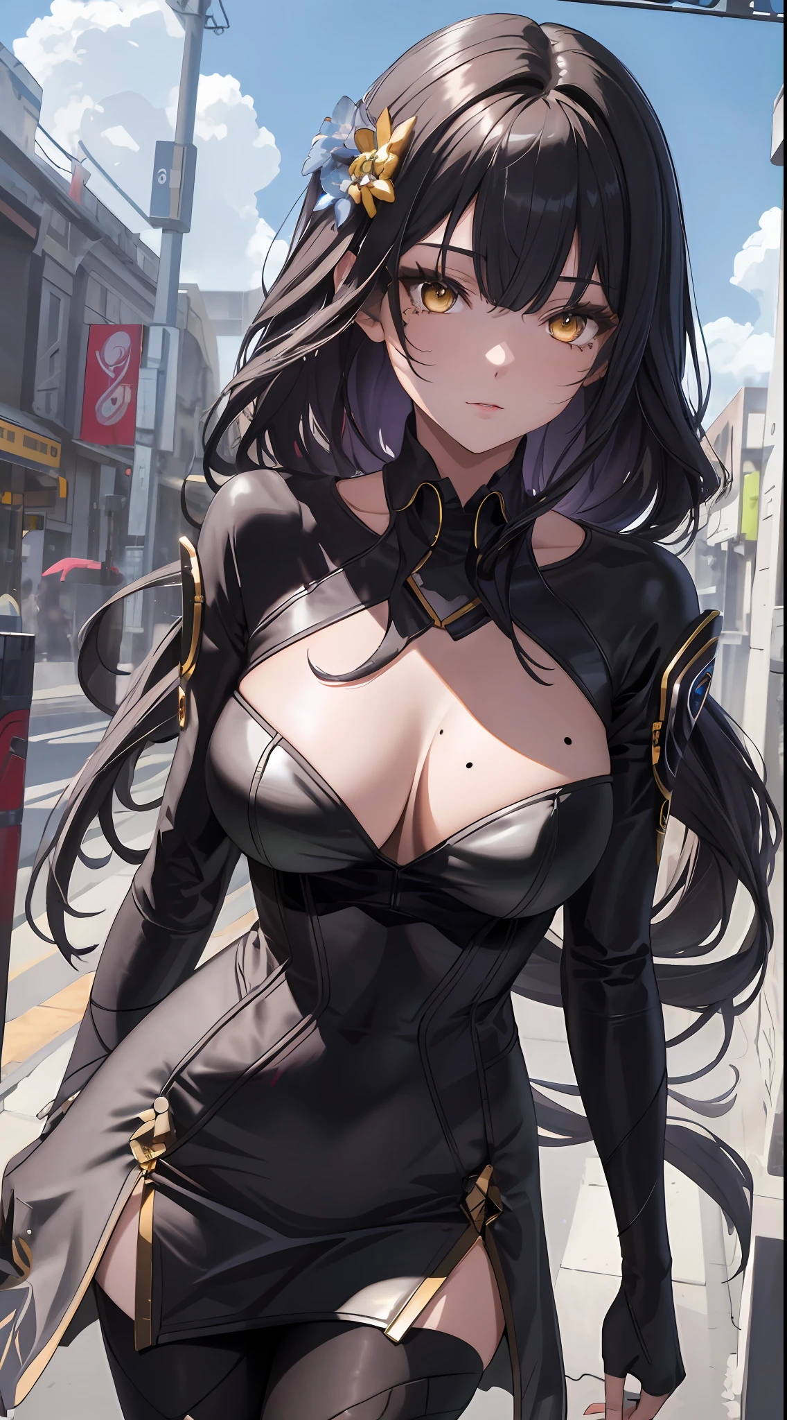 ((masterpiece)),(best quality),(detailed),(1girl), beautiful glowing hair, long hair, yellow glowing eyes, wavey hair, black dress, mole under eye, pantyhose, android, datastream, cables, wires, charging, digital chains, large breasts, beautiful Bossom, staring at viewer , breasts close up