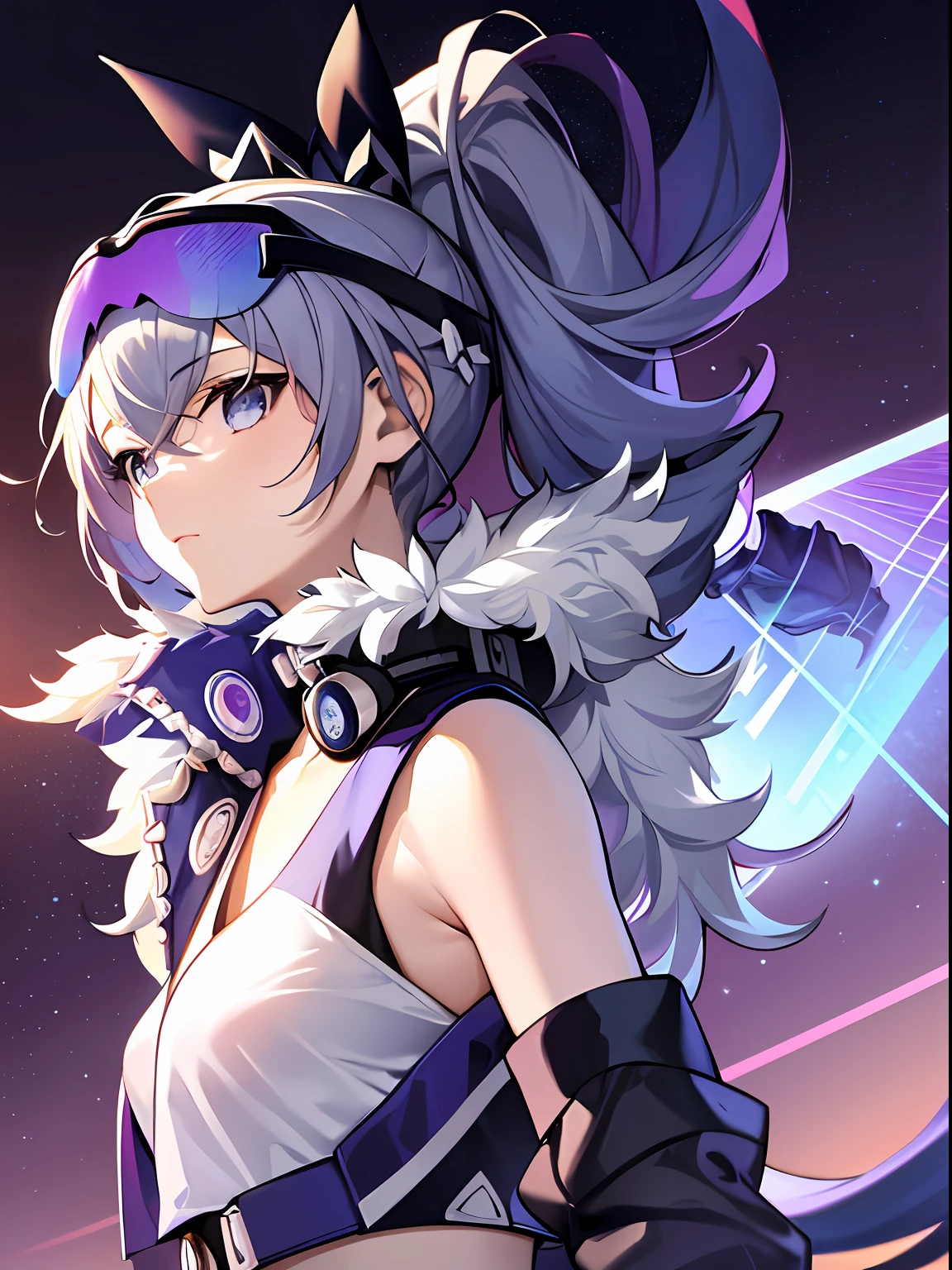 Masterpiece, Best picture quality, Extreme vividness, Anime girl with curly ponytail, petite figure, white functional coat, small, blue-purple gradient ski goggles, cyberpunk, gray hair, natural casual style, dynamic stance, golden section, portrait with large aperture, cool tones, strong visual impact, white space, light and shadow contrast, super texture, sunset afterglow, super clear picture, simple picture