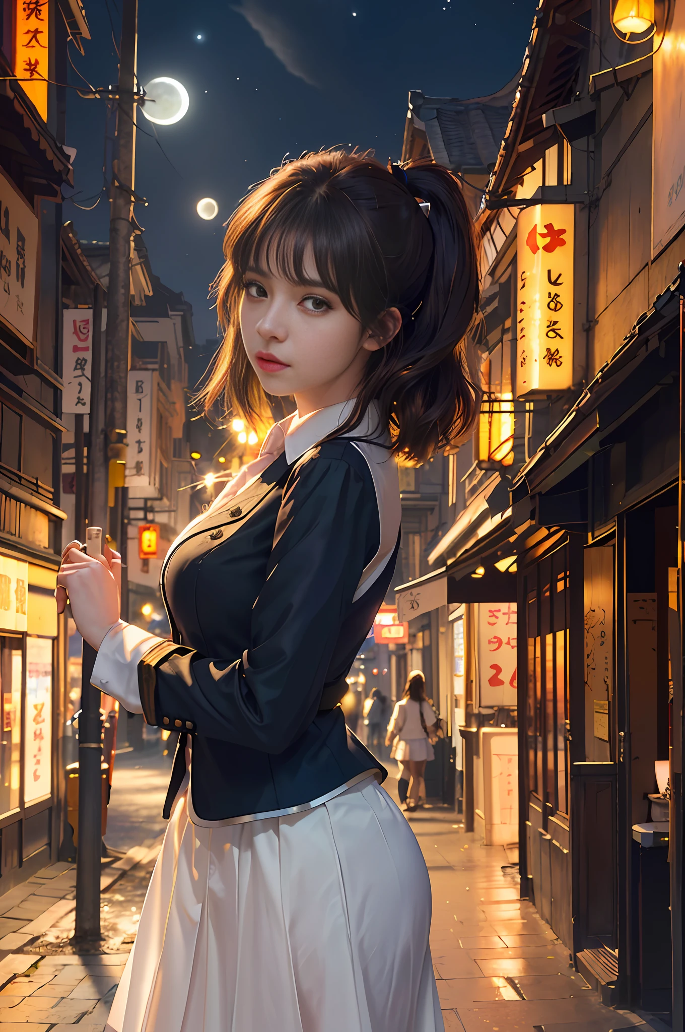 (backlit, navel: 1.1, brunet), a beautiful woman in a school uniform on a bustling street of Gintama, surrounded by vendors, beautiful portrait of a goddess, beautiful detail face, porcelain skin, bust shot, centered, ((moonlight, night, edge lighting, duotone lighting, illusory, dim, low-key)),