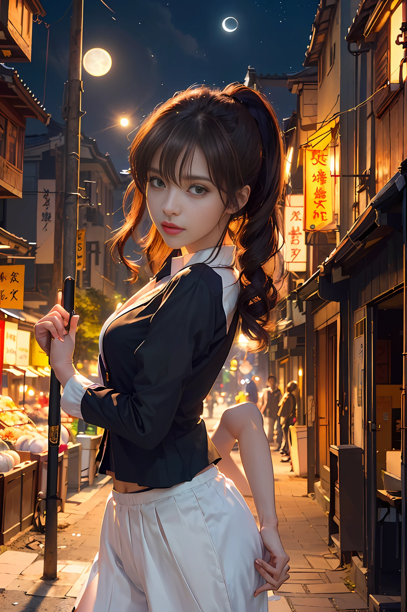 (backlit, navel: 1.1, brunet), a beautiful woman in a school uniform on a bustling street of Gintama, surrounded by vendors, beautiful portrait of a goddess, beautiful detail face, porcelain skin, bust shot, centered, ((moonlight, night, edge lighting, duotone lighting, illusory, dim, low-key)),
