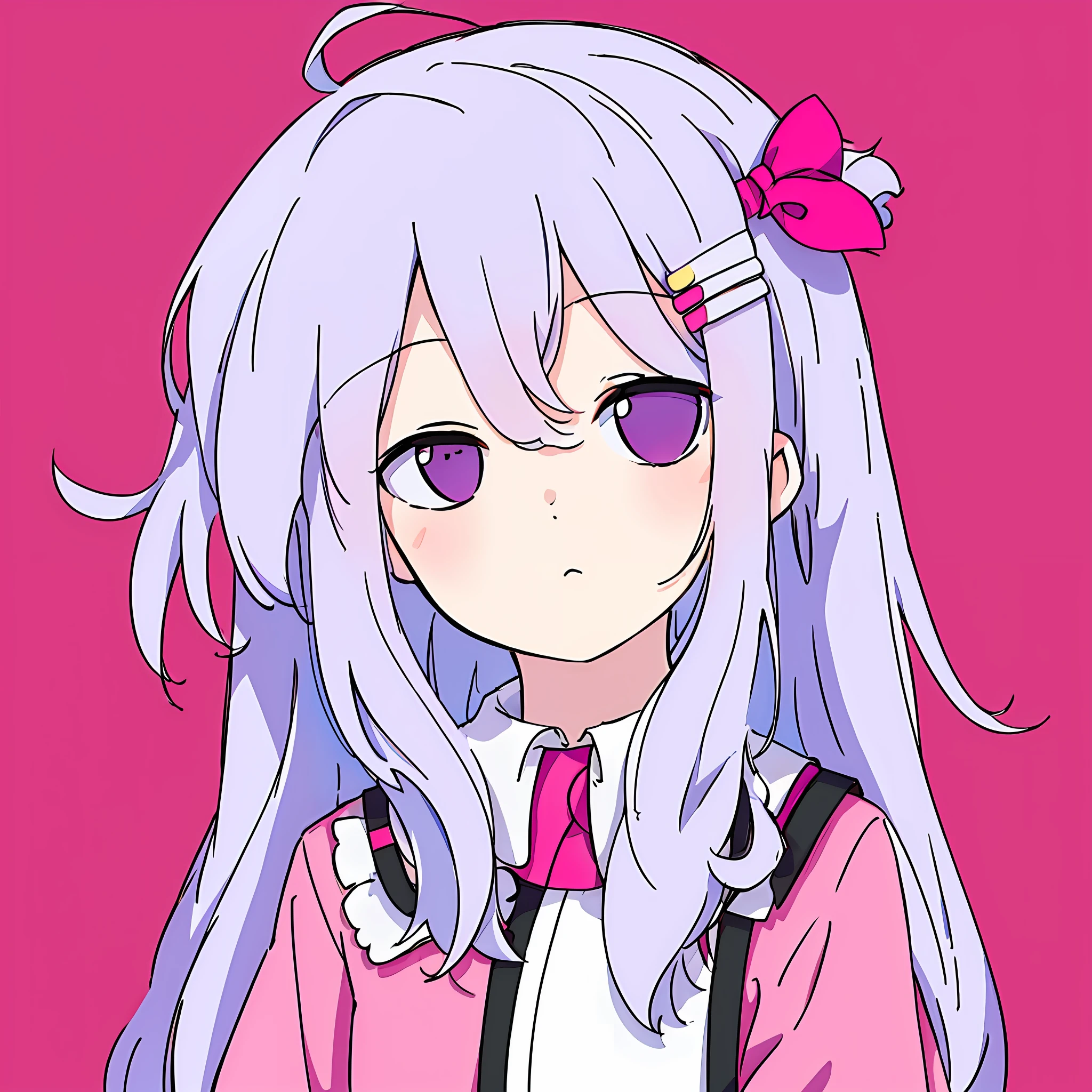 masterpiece, 1girl,solo, chibi, best quality, pink clothes, [white hair:pink hair:20],long hair,upper body, hairclip, light purple background