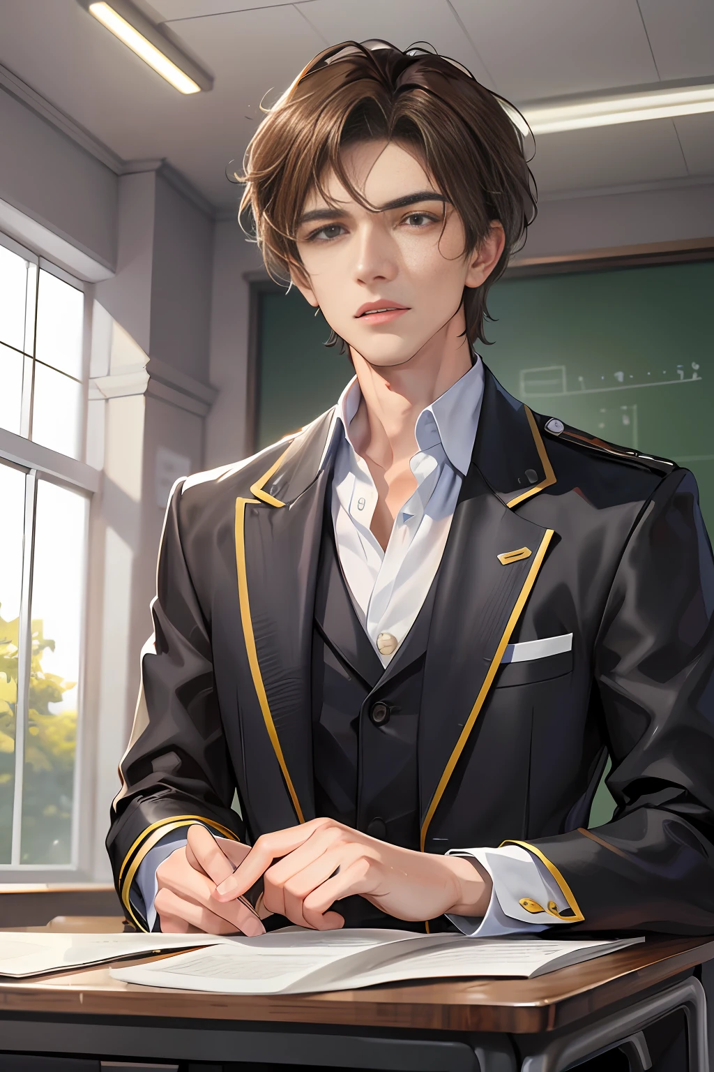 In the classroom of the school, the man sits at the desk, there are some people in the classroom, (high resolution, distinct_image) superb man, masterpiece, high detail, semi-realistic, brown short hair man, brown hair, short hair, medium hair, 18 years old, young, tall and strong, blackened coat, gray-blue clothes, students, college, dashing, natural, handsome, authoritarian, powerful aura, exquisite facial features, facial details, school playground, background on a plastic track