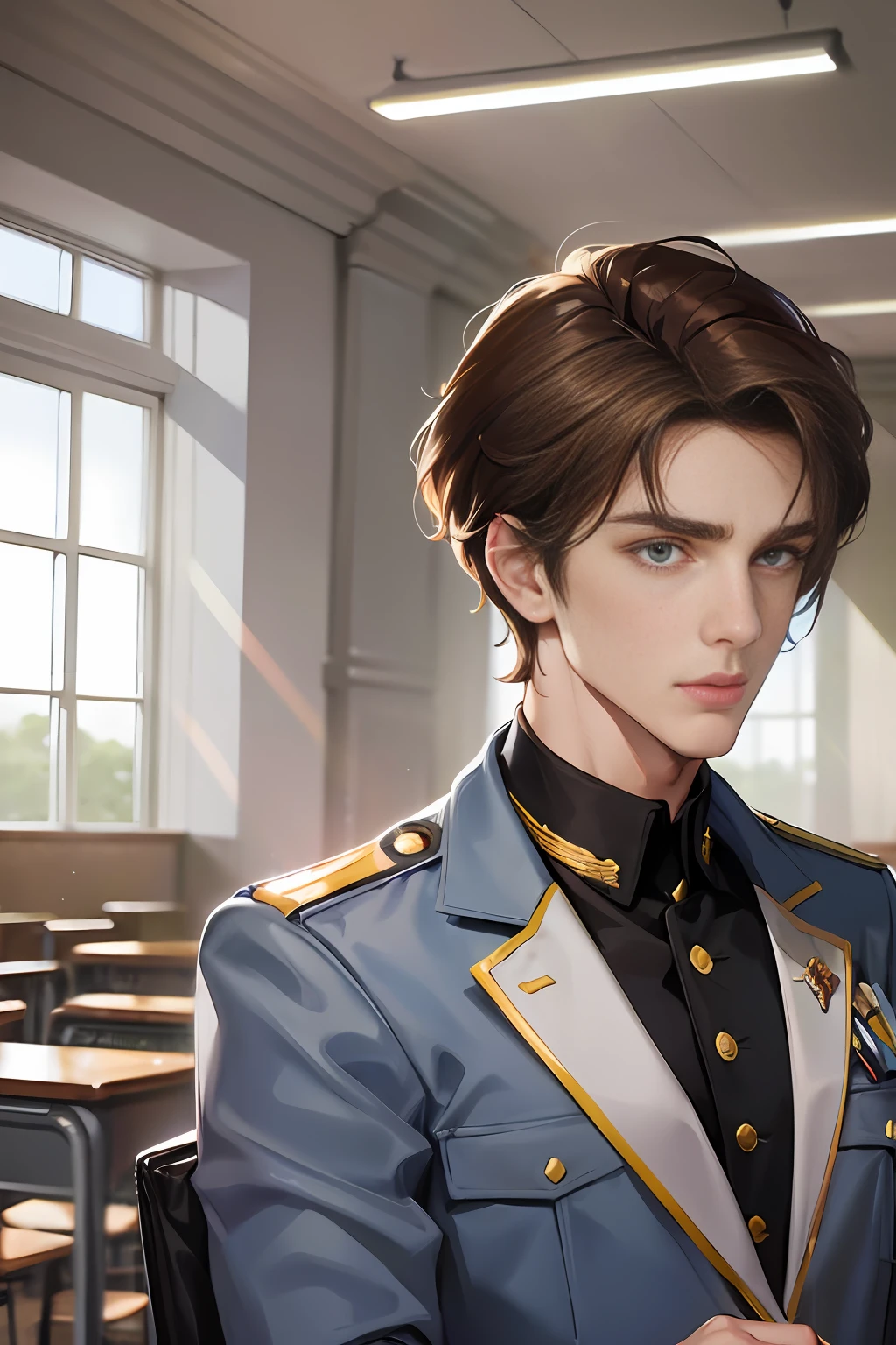 In the classroom of the school, the man sits at the desk, there are some people in the classroom, (high resolution, distinct_image) superb man, masterpiece, high detail, semi-realistic, brown short hair man, brown hair, short hair, medium hair, 18 years old, young, tall and strong, blackened coat, gray-blue clothes, students, college, dashing, natural, handsome, authoritarian, powerful aura, exquisite facial features, facial details, school playground, background on a plastic track