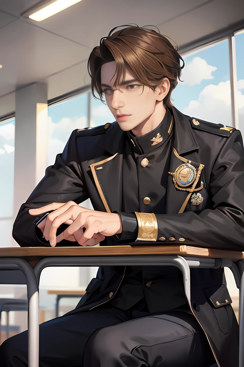 In the classroom of the school, the man sits at the desk, there are some people in the classroom, (high resolution, distinct_image) superb man, masterpiece, high detail, semi-realistic, brown short hair man, brown hair, short hair, medium hair, 18 years old, young, tall and strong, blackened coat, gray-blue clothes, students, college, dashing, natural, handsome, authoritarian, powerful aura, exquisite facial features, facial details, school playground, background on a plastic track