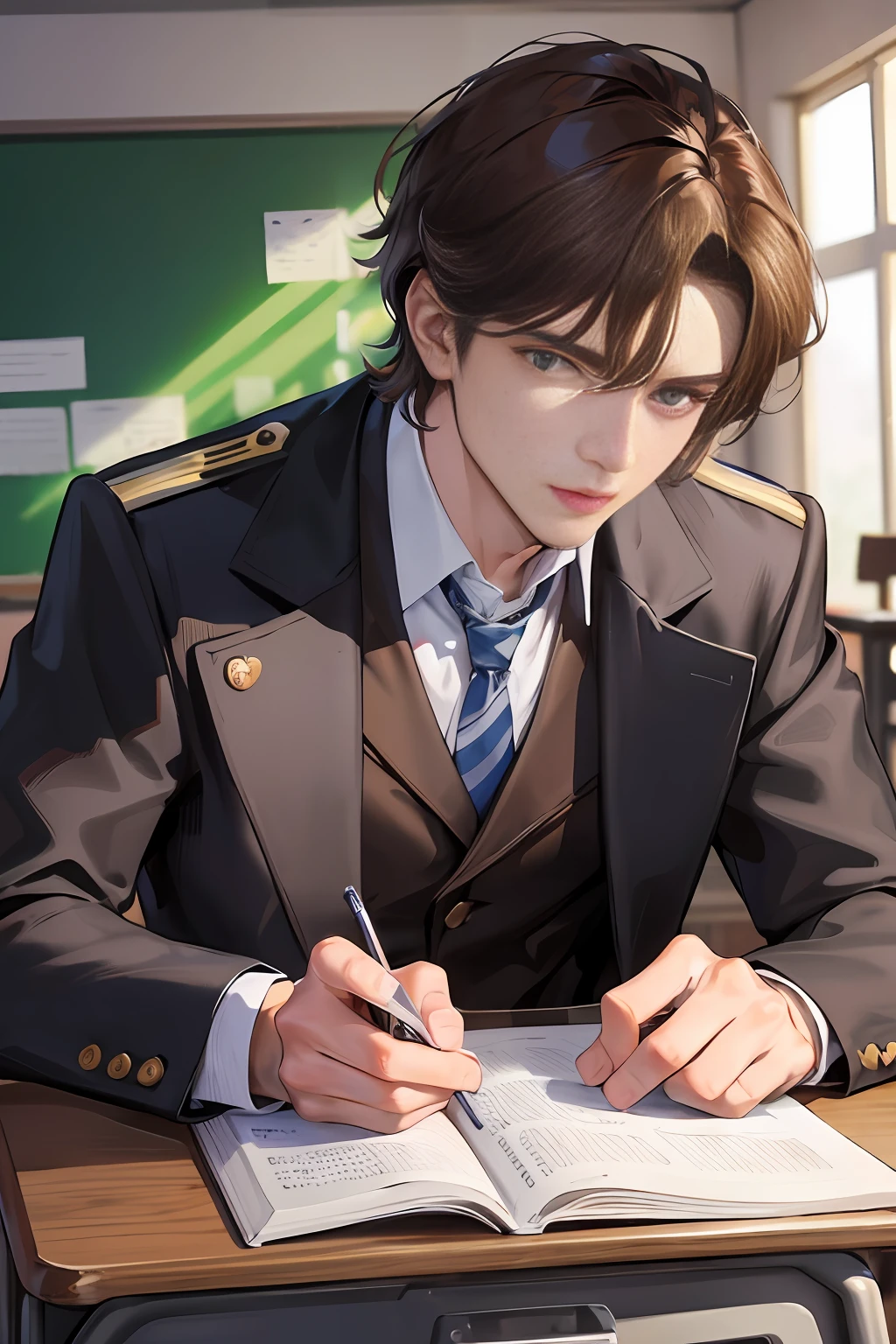 In the classroom of the school, the man sits at the desk, there are some people in the classroom, (high resolution, distinct_image) superb man, masterpiece, high detail, semi-realistic, brown short hair man, brown hair, short hair, medium hair, 18 years old, young, tall and strong, blackened coat, gray-blue clothes, students, college, dashing, natural, handsome, authoritarian, powerful aura, exquisite facial features, facial details, school playground, background on a plastic track