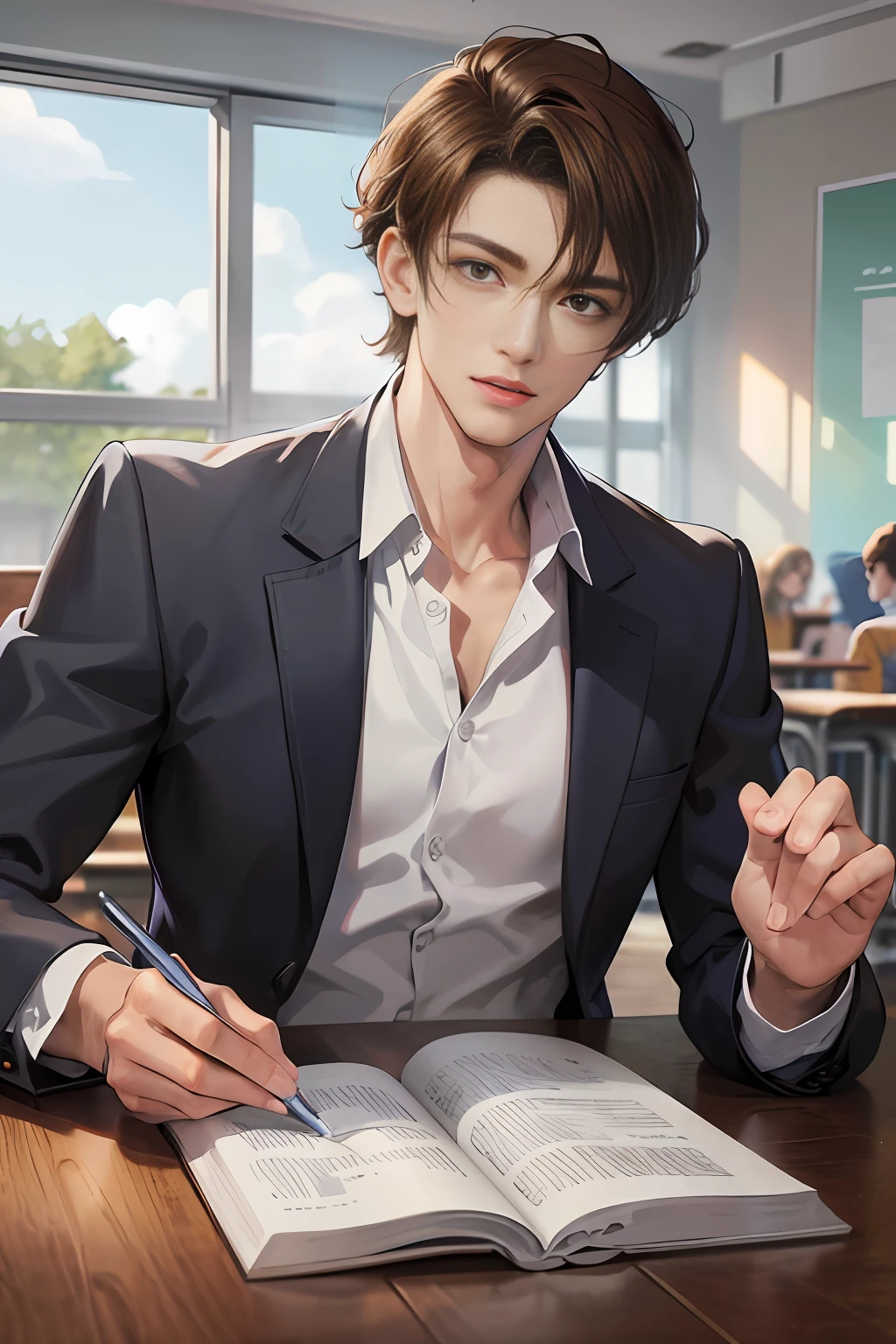 In the classroom of the school, the man sits at the desk, there are some people in the classroom, (high resolution, distinct_image) superb man, masterpiece, high detail, semi-realistic, brown short hair man, brown hair, short hair, medium hair, 18 years old, young, tall and strong, blackened coat, gray-blue clothes, students, college, dashing, natural, handsome, authoritarian, powerful aura, exquisite facial features, facial details, school playground, background on a plastic track