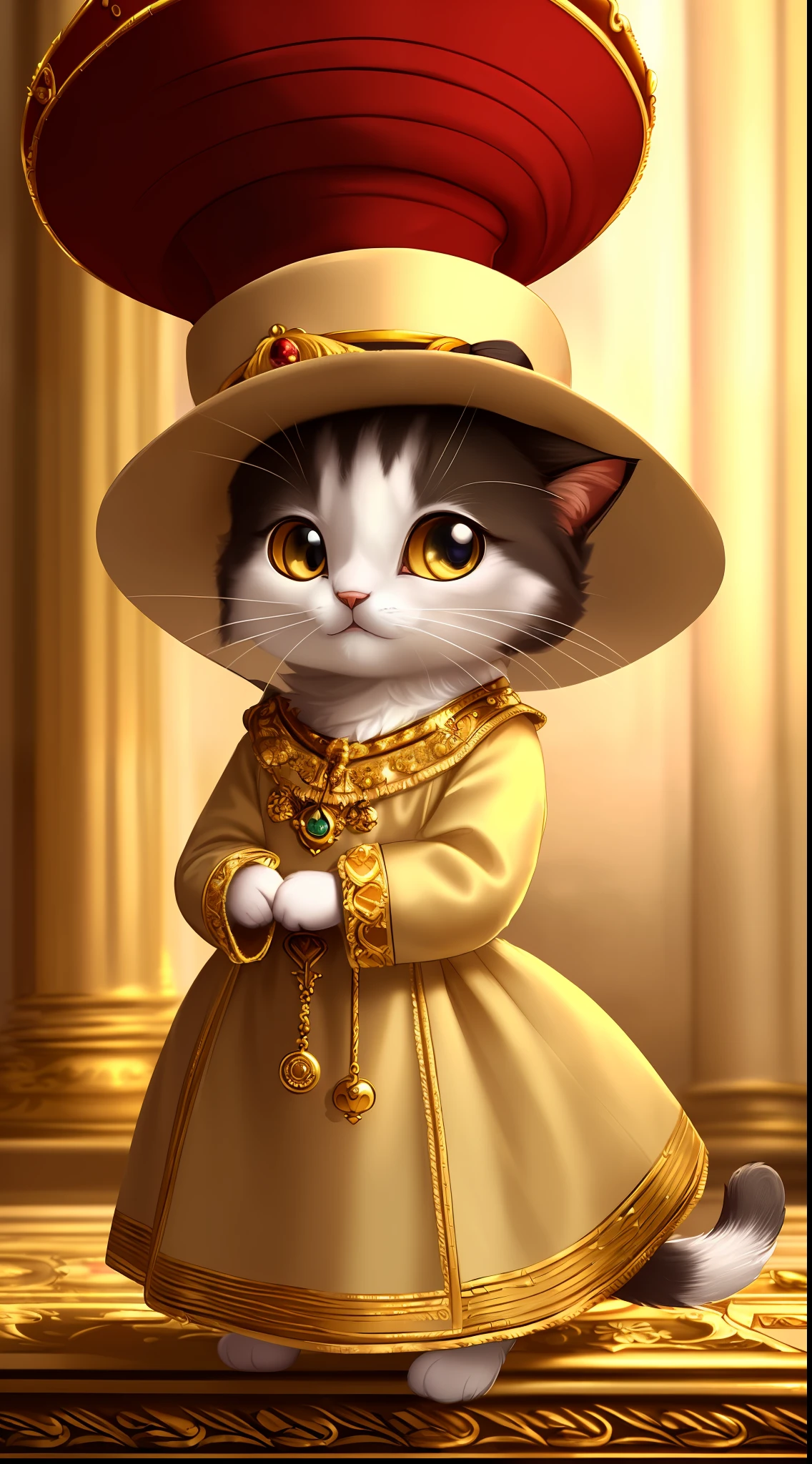 (((masterpiece))), (((best quality))), ((highly detailed)), (8k portrait of a cute small cat with hat), (royal pose), (noble cat), (digital art)