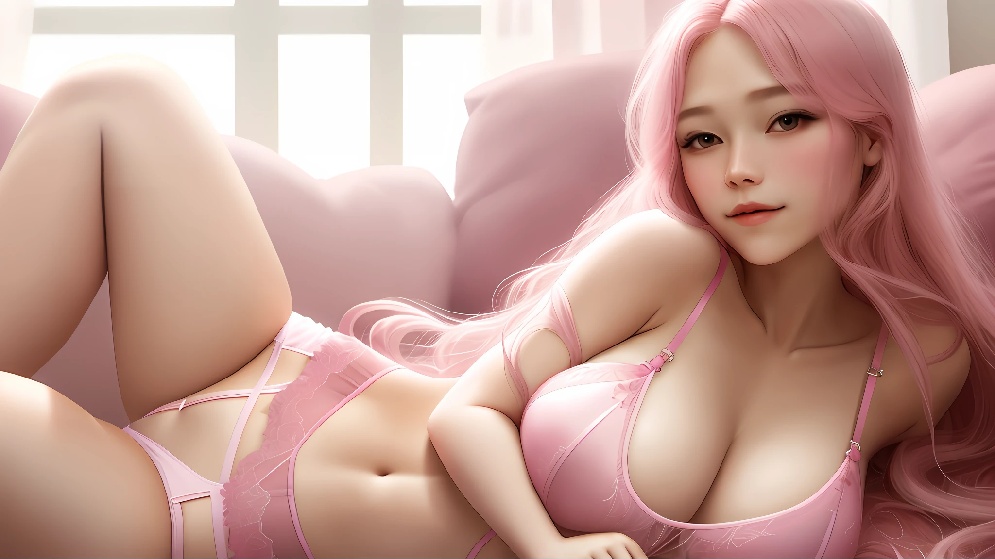 I long hair pink lingerie transparent show boobs