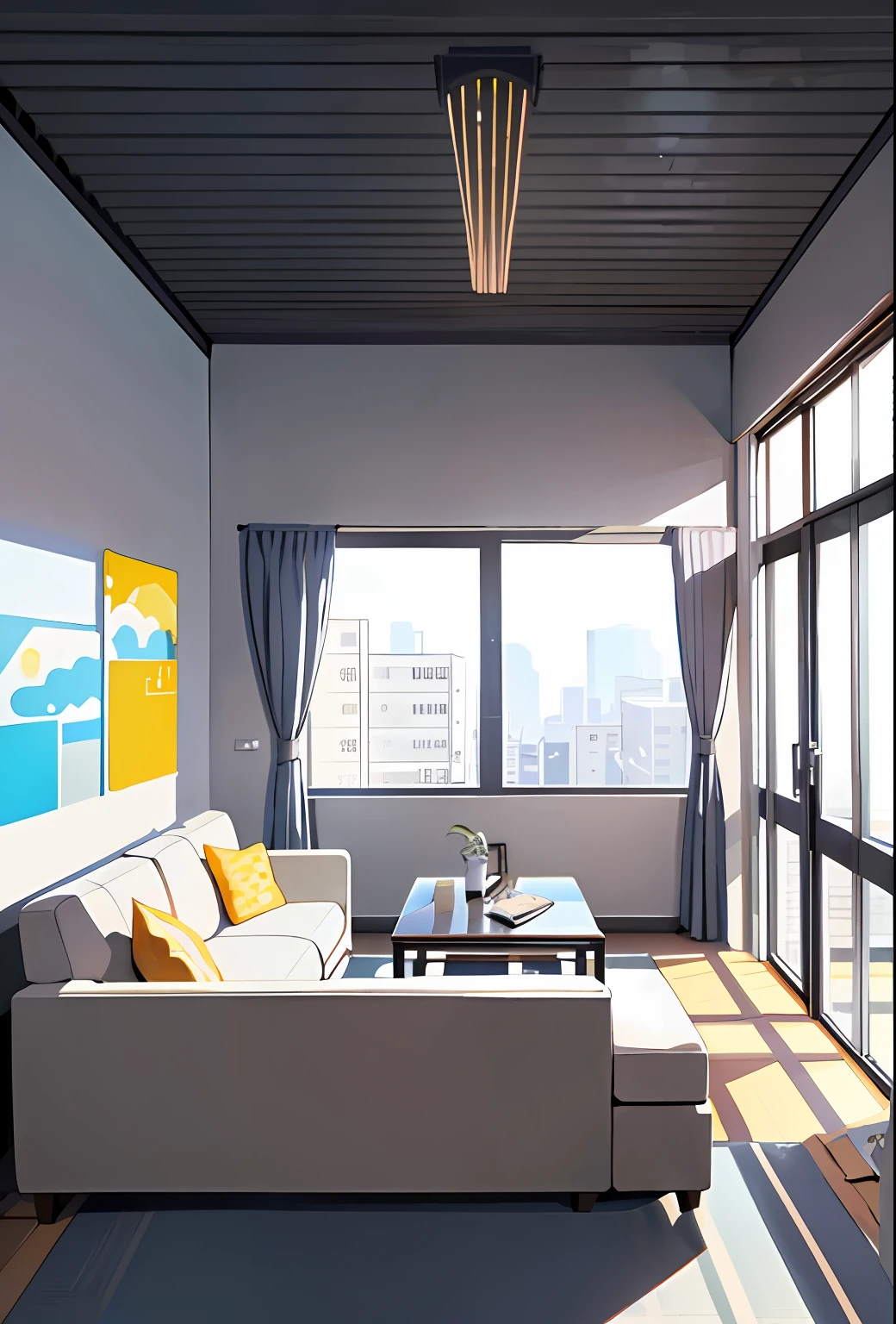 Bright and clean apartment, (bright lighting), (clear), (brand new), (modern style house), ceiling fan, refrigerator, new computer, sofa. Tatsuya Endo, Greg Rutkowski, Pixiv, Artstation, all kinds of food