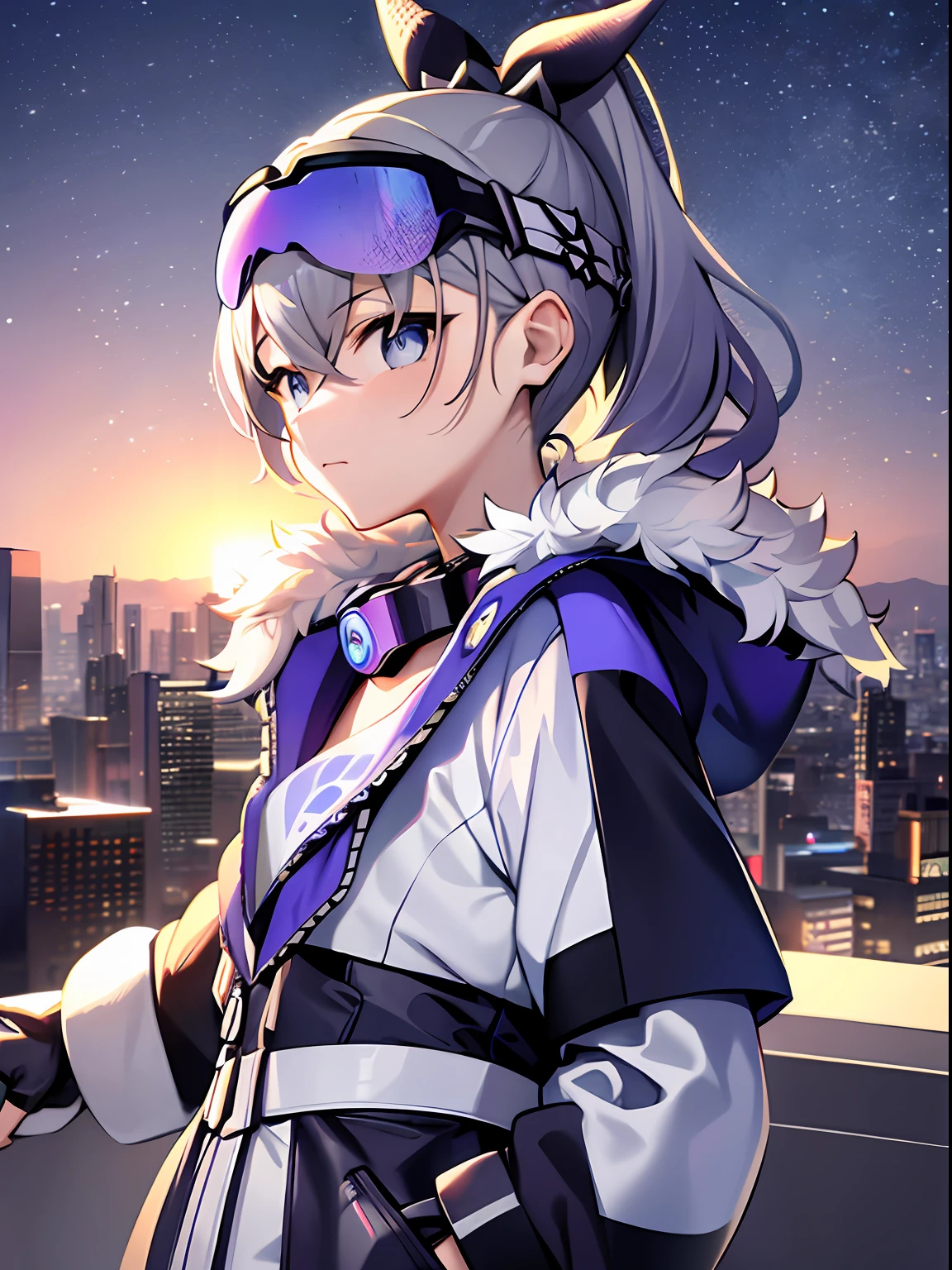 Masterpiece, Best picture quality, Extreme vividness, Anime girl with curly ponytail, petite figure, white functional coat, small, blue-purple gradient ski goggles, cyberpunk, gray hair, natural casual style, dynamic stance, golden section, large aperture portrait, cool tone, strong visual impact, white space, light and shadow contrast, super texture, overlooking the city, sunset, super clear picture, simple picture