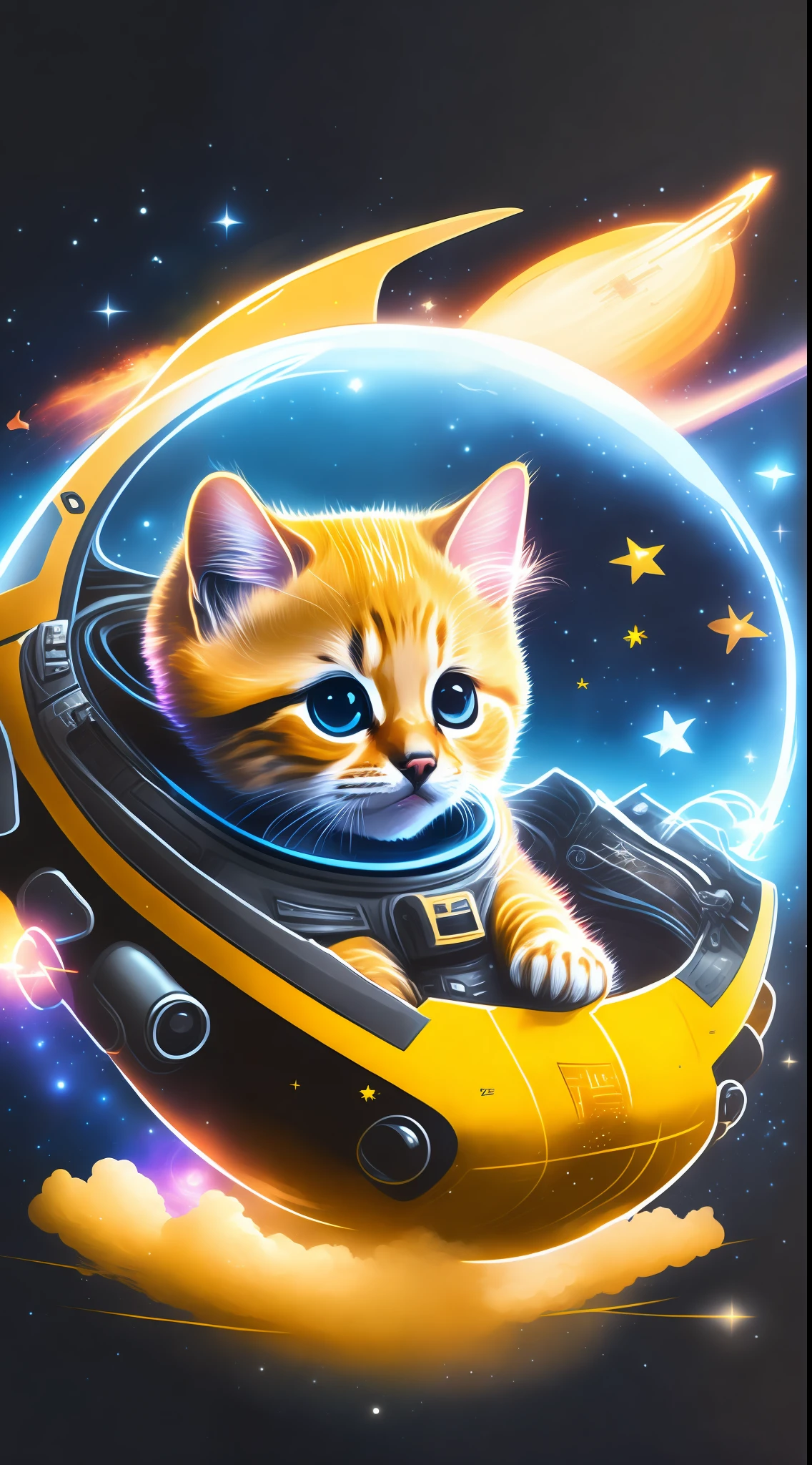 A yellow kitten pilots a spaceship in space, galaxy, black hole, t-shirt design, rzminjourney, vector art,