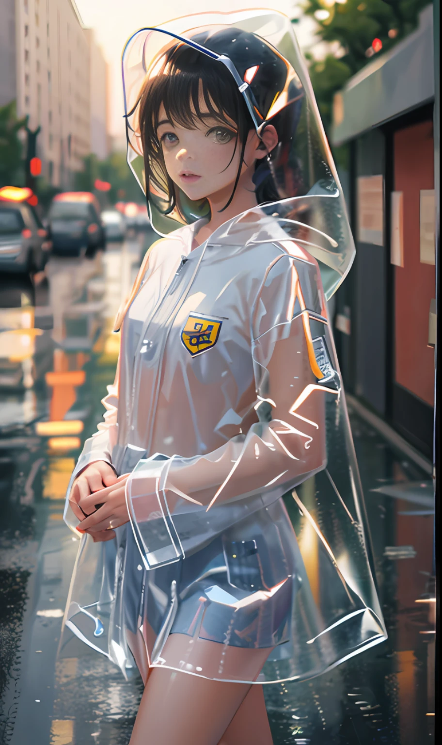 transparent raincoat,cowboy shot,hood up,school uniform,, masterpiece,1girl,cute,rain,sexy,