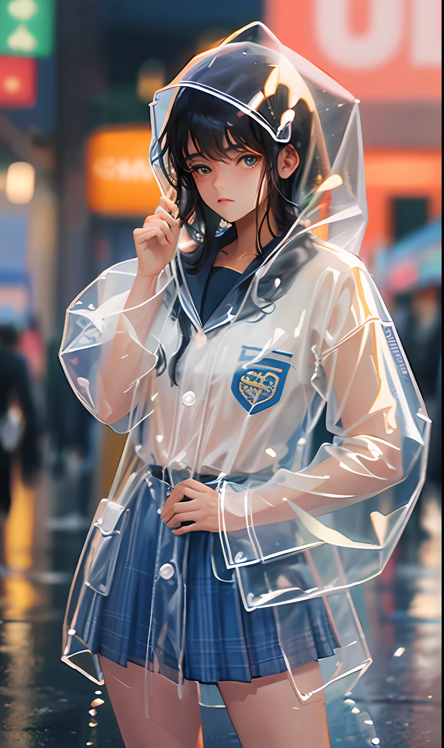 transparent raincoat,cowboy shot,hood up,school uniform,, masterpiece,1girl,cute,rain,sexy,
