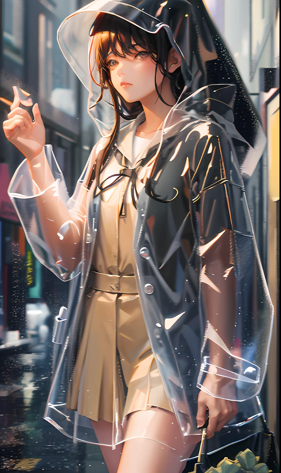 transparent raincoat,cowboy shot,hood up,school uniform,, masterpiece,1girl,cute,rain,sexy,