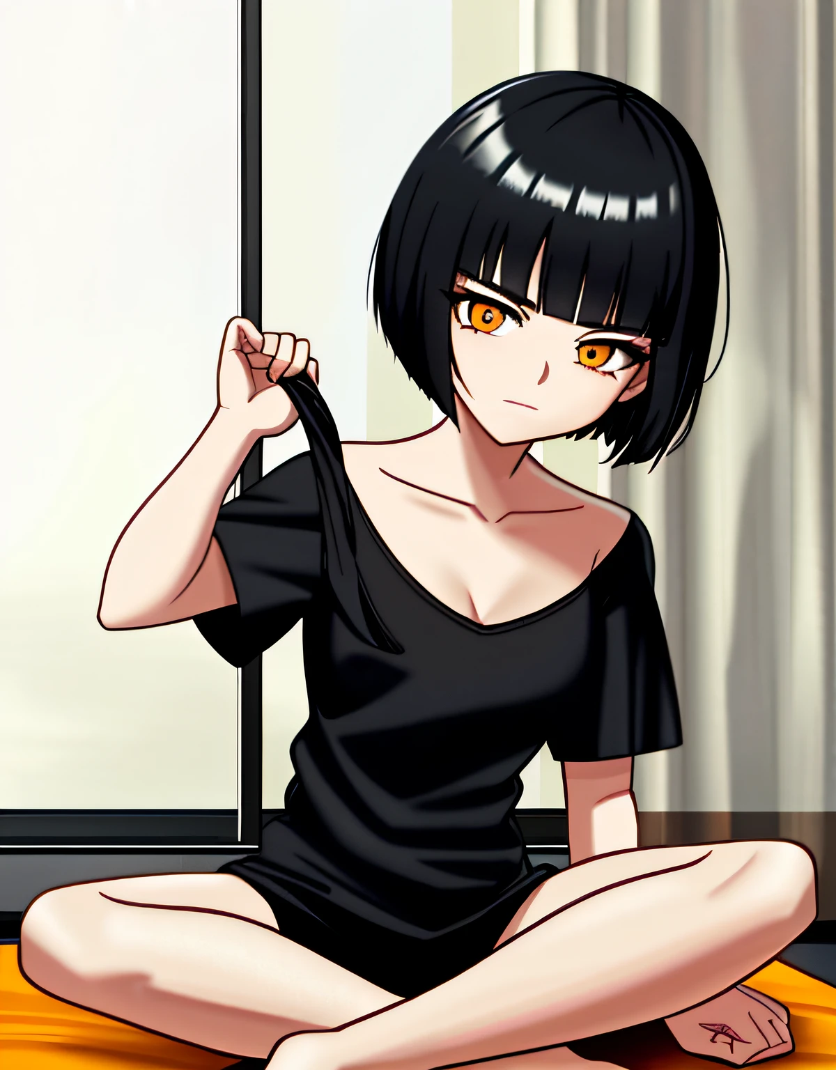 a black-haired girl with a short haircut and orange eyes, half-naked, sitting on a white bed, straightening her hair with her hand, legs in Turkish, black T-shirt,