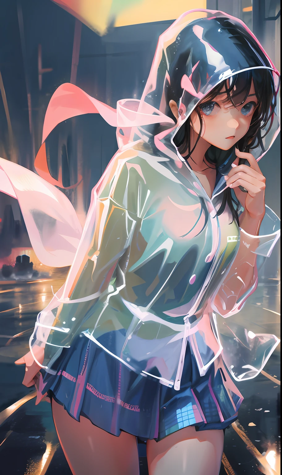 transparent raincoat,cowboy shot,hood up,school uniform,, masterpiece,1girl,cute,rain,sexy,