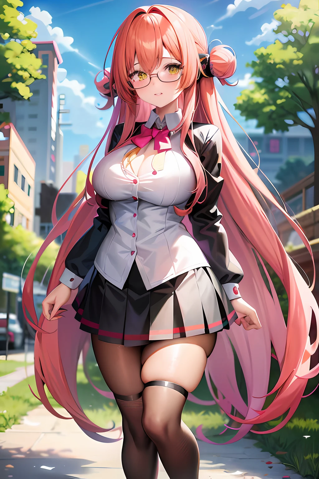 anime girl with long pink hair and a white shirt with cleavage and black skirt school uniform, marin kitagawa fanart, anime girl with long hair, small curvy loli, beautiful anime high school girl with glasses, cushart krenz key art feminine, skimpy seductive anime girl, she has yellow eyes with glasses, high detailed official artwork, anime goddess