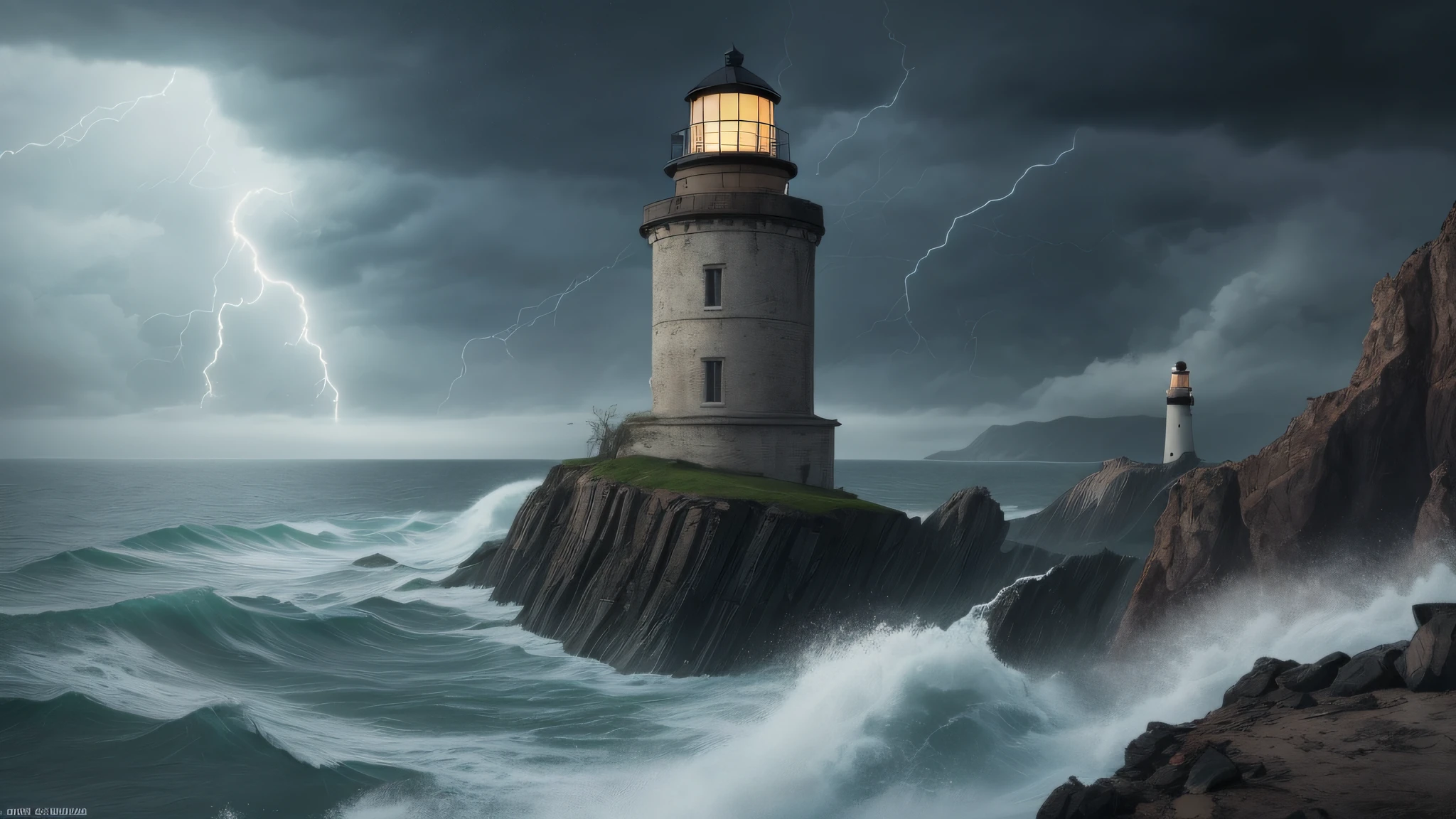 large abandoned high lighthouse, high cliff, heavy rain, strong windincrease proportional dimensions of lighthouse and abandoned escarpment, dark coast escarpment, rocky coastline, rough sea, storm,black clouds, lightning, tidal wave, hyper realistic 8k, ultra complex details, perfect texture, flying seagulls,cinematic plan, extreme photorealism kodak iso 25
