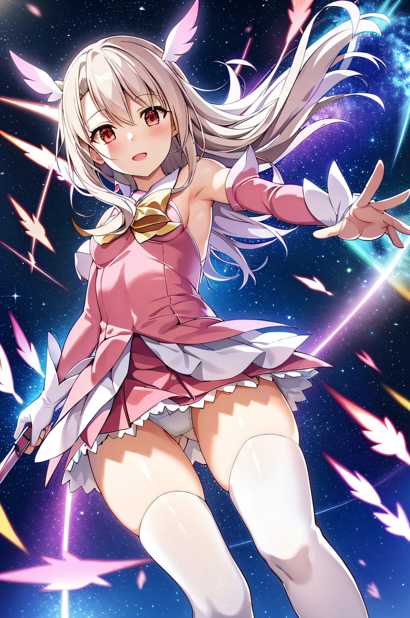 ultra detailed, absurdres, light particles, day, outdoors, fantasy, extremely detailed CG, 1girl, solo, kawaii, PrismaIllya, Magical Girl Default, looking at viewer,waving at viewer, (white panties), thigh boots, thighhighs