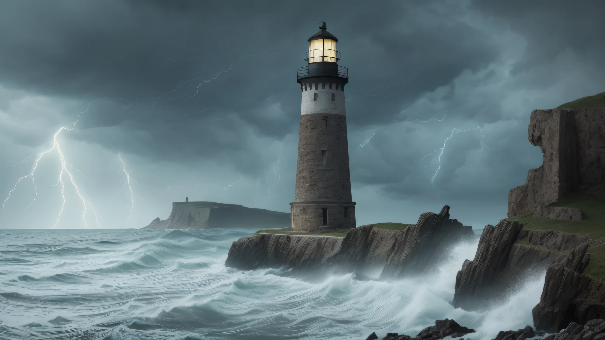 large abandoned high lighthouse, high cliff, heavy rain, strong windincrease proportional dimensions of lighthouse and abandoned escarpment, dark coast escarpment, rocky coastline, rough sea, storm,black clouds, lightning, tidal wave, hyper realistic 8k, ultra complex details, perfect texture, flying seagulls,cinematic plan, extreme photorealism kodak iso 25