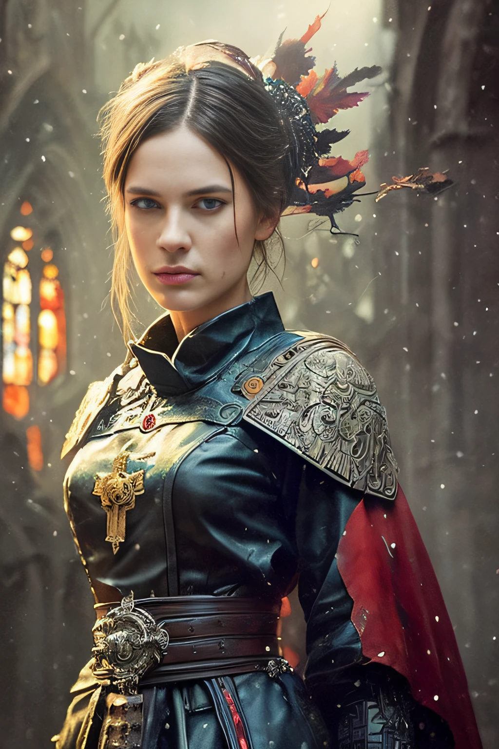 beautiful (swedish:1.3) wearing stunning outfit, (insanely detailed:1.5), light particle, (mist on the floor:1.2), ((solo)), (highest quality, Alessandro Casagrande, Greg Rutkowski, Sally Mann, concept art, 4k), (colorful), (high sharpness), ((detailed pupils)), red eyes, ((painting:1.1)), (digital painting:1.1), detailed face and eyes,Masterpiece, best quality, highly detailed photo:1, 8k, detailed face,photorealistic, dark and gloomy,By jeremy mann, by sandra chevrier, by maciej kuciara, ((small Breast)),((samurai)), sharp, ((perfect body)), realistic, real shadow, 3d, ((full body)), ((dark and gloomy church background:1.2)), (by Michelangelo)