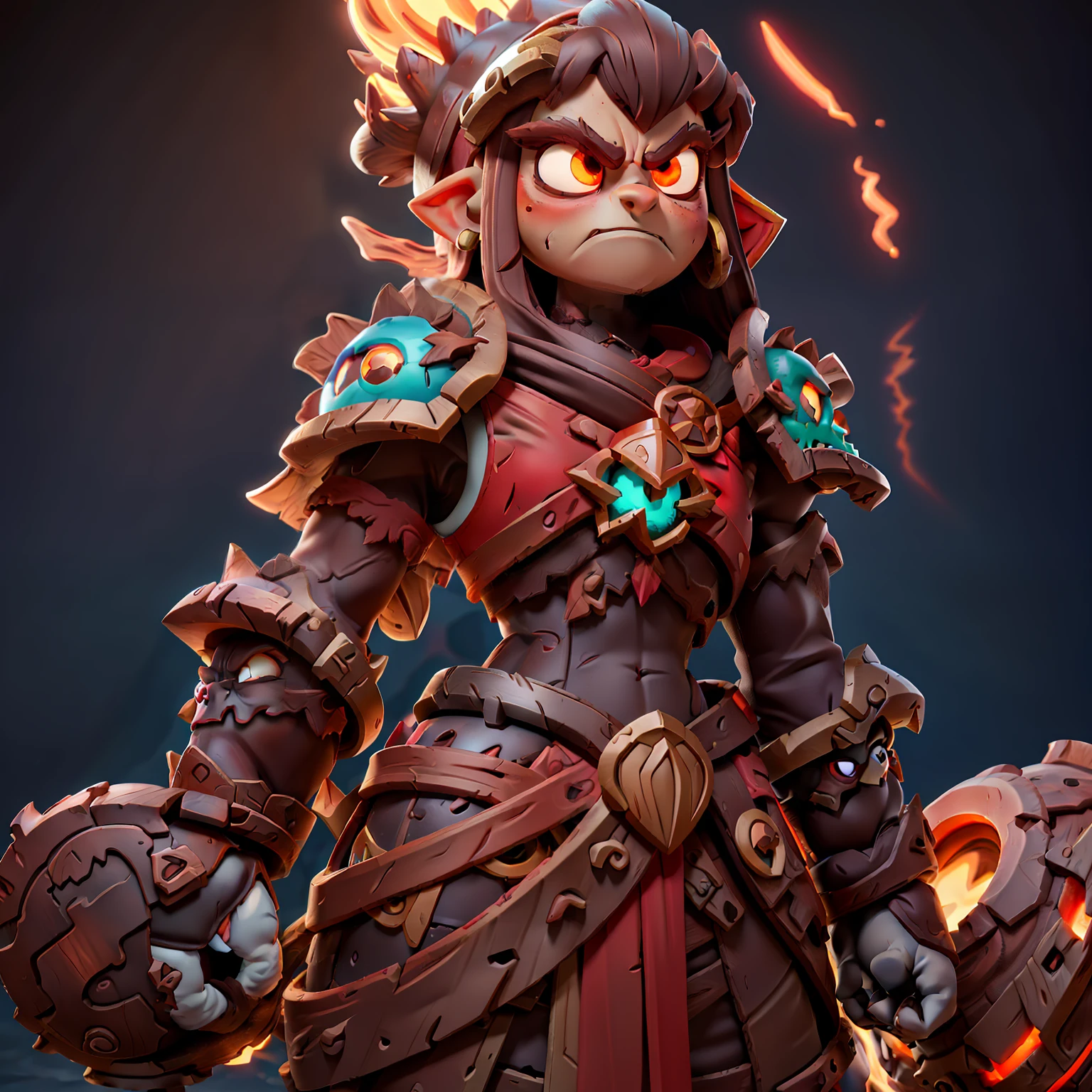 Gazer, (monster girl), red skin, light-brown bark armor, light-brown bark round helm, a savage frown, leaves swirling all around, masterpiece, best quality