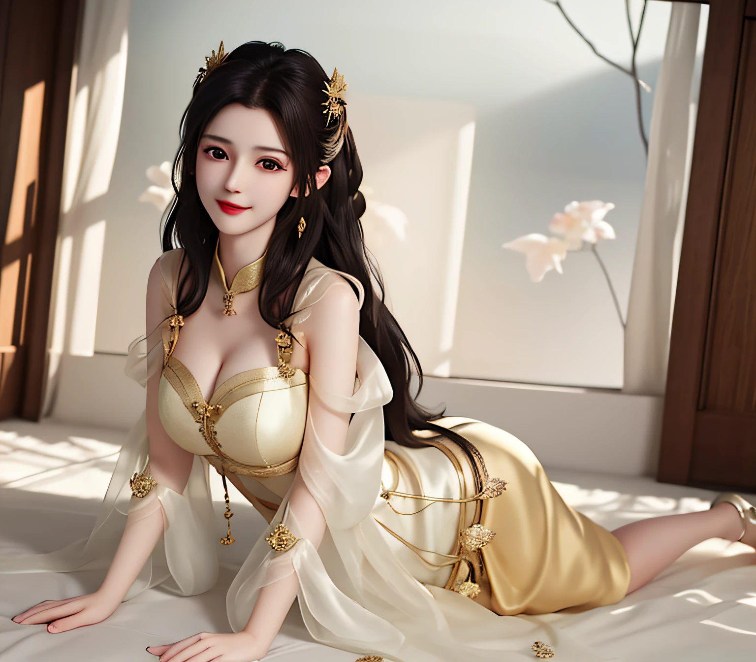 masterpiece,best quality,(8k,RAW photo,best quality,masterpiece:1.2),((best quality)),ultra high res,extremely detailed CG unity 8k wallpaper,physically-based rendering,cinematic lighting, huge breasts, best quality, HDR, beautiful face, lace on body, Tyndall effect, realism, silky long hair, black hair moving in the wind, deep eyes, slender waist, lying on the stomach, silk fabric, bright and silky skin, 3D stereoscopic, masterpiece, best quality, illustration super fine, beautiful eyes, very delicate light, fine glow, very fine 8K, smile