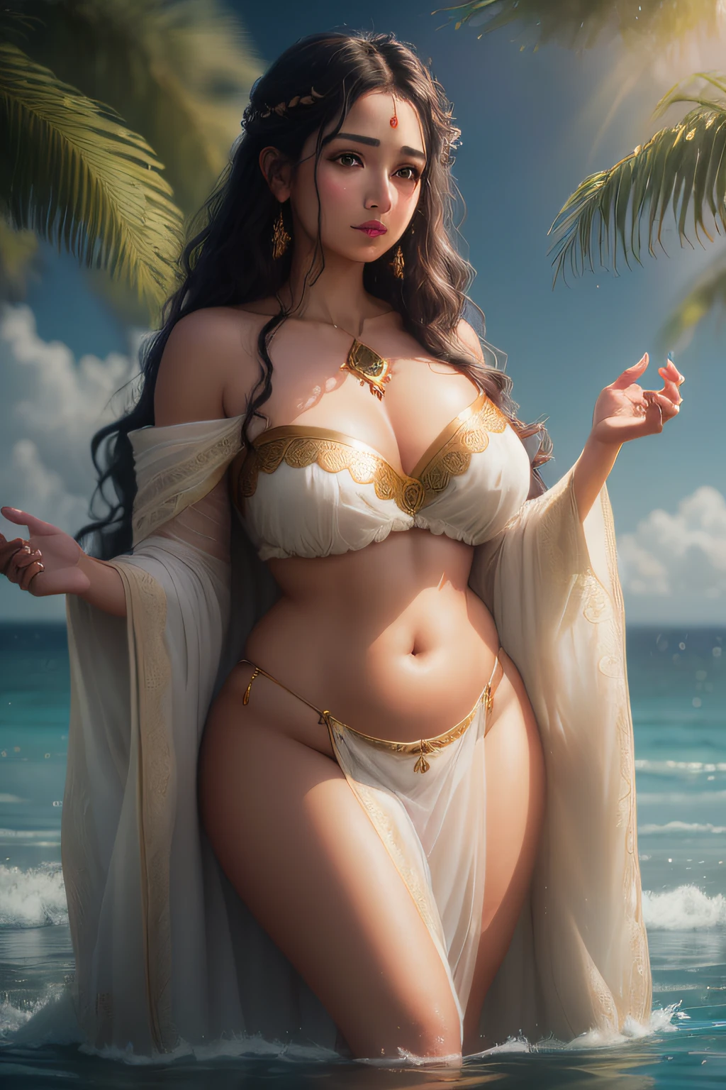 Cinematic film still from fantasy, full body, of ((beautiful woman)), (punjabi skin), looking at viewer, (wearing robe (flowing goddess attire), (loose robe)), (open, (saggy firm breasts), seductive look, motherly, hard, wide hips,((detailed facial features)), alluring brown eyes, (transparent clothes),(detailed skin), long wavy hair, (ocean base:1.2), damp, moist, intricate details, shallow depth of field, cinematic lighting, reflections, photographed on a Leica 10772 M-P, 50mm lens, F/2.8, HDR, 8k resolution, back view