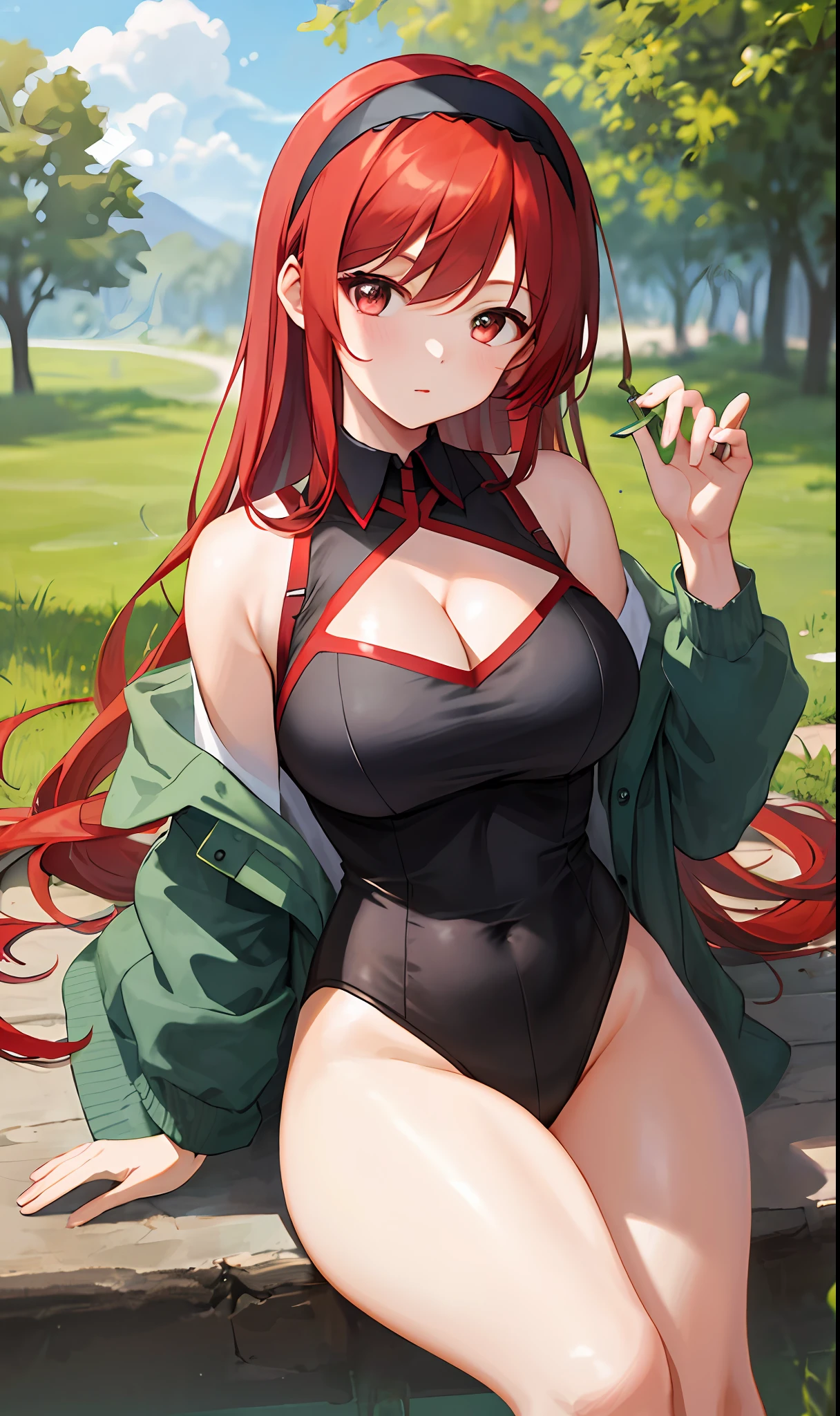 ((masterpiece, best quality)), (1girl),((mature female)), red hair, hairband, bangs, long hair, leotard, , black hairband, shoulder cutout, black thitying hair,curvy,cleavage,confident,nature, sexy