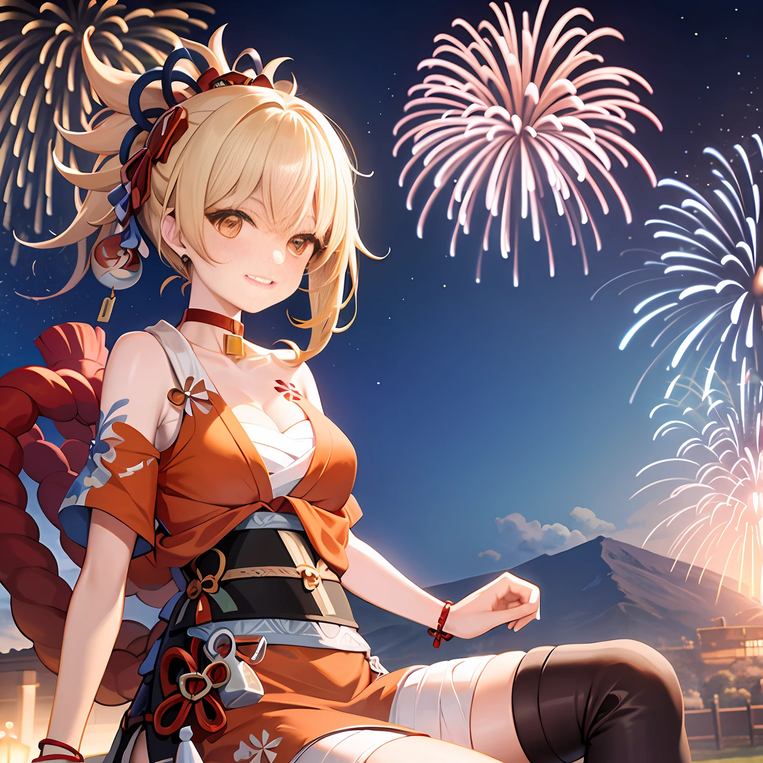 1girl,cowboy shot,sitting,chair,fireworks,evening,joy,origen,