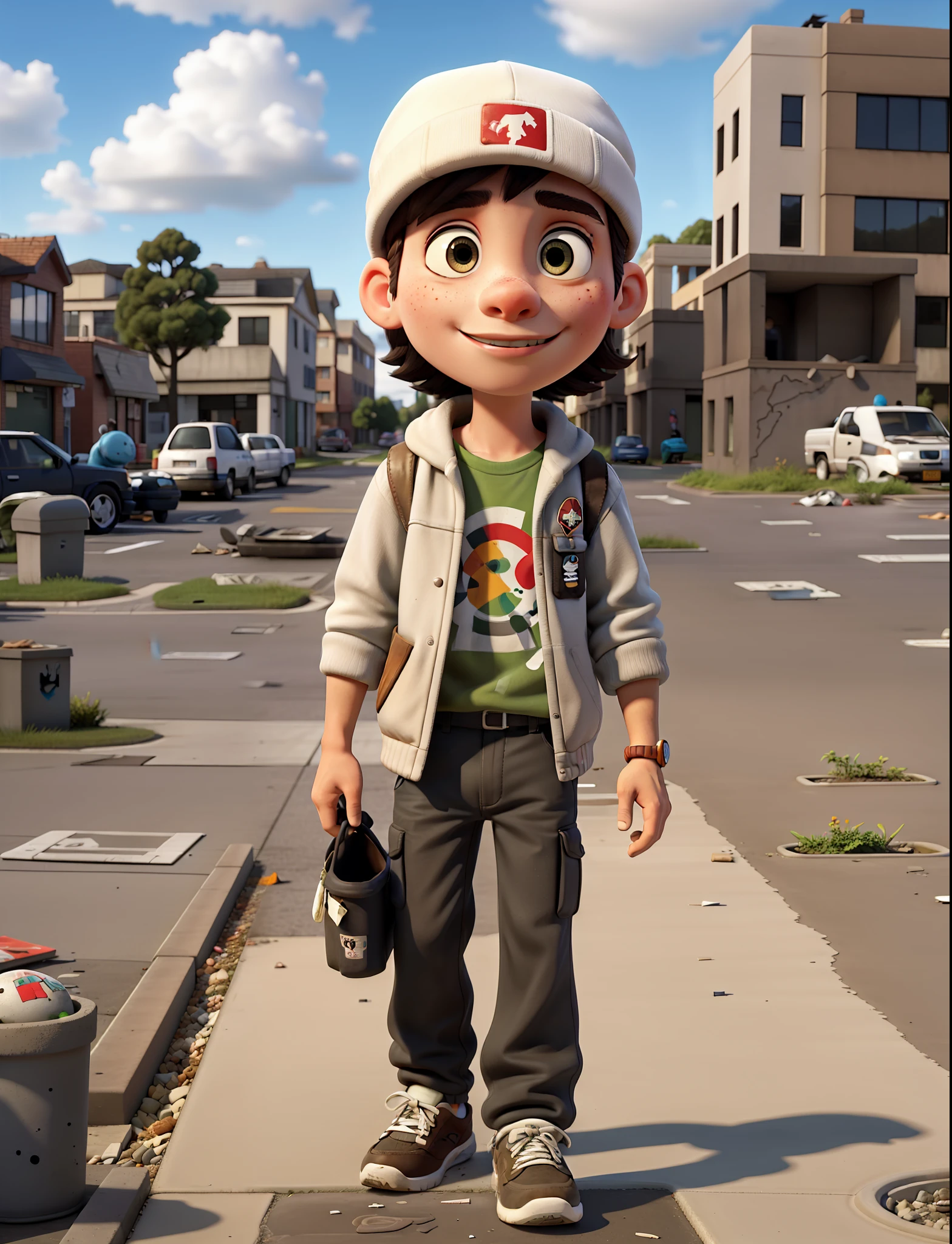 masterpiece, best quality, 1boy, walk on the sidewalk, hip hop woman, baggy pants, retro, suburban, suburb, 1990, white beanie, outdoors, relaxed, puddles, drain, rebellious, dragged, ((graffiti)), ((garbage)), dirt lying down, leaves, (((broken concrete)), city, symmetrical eyes, hands in pockets, clouds, cloudy, detailed face,