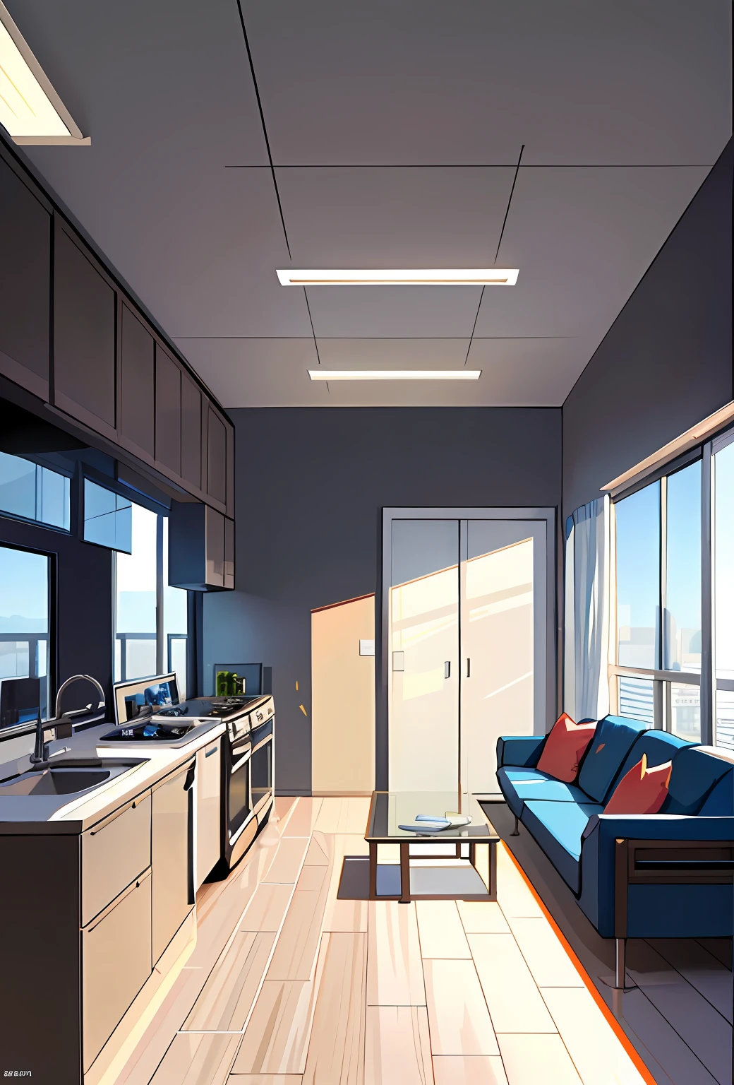 (three students), sitting on sofa eating instant noodles, bright and clean apartment, (bright lighting), (clear), (brand new), (modern style house), ceiling fan, refrigerator, new computer, sofa. Tatsuya Endo, Greg Rutkowski, Pixiv, Artstation, all kinds of food