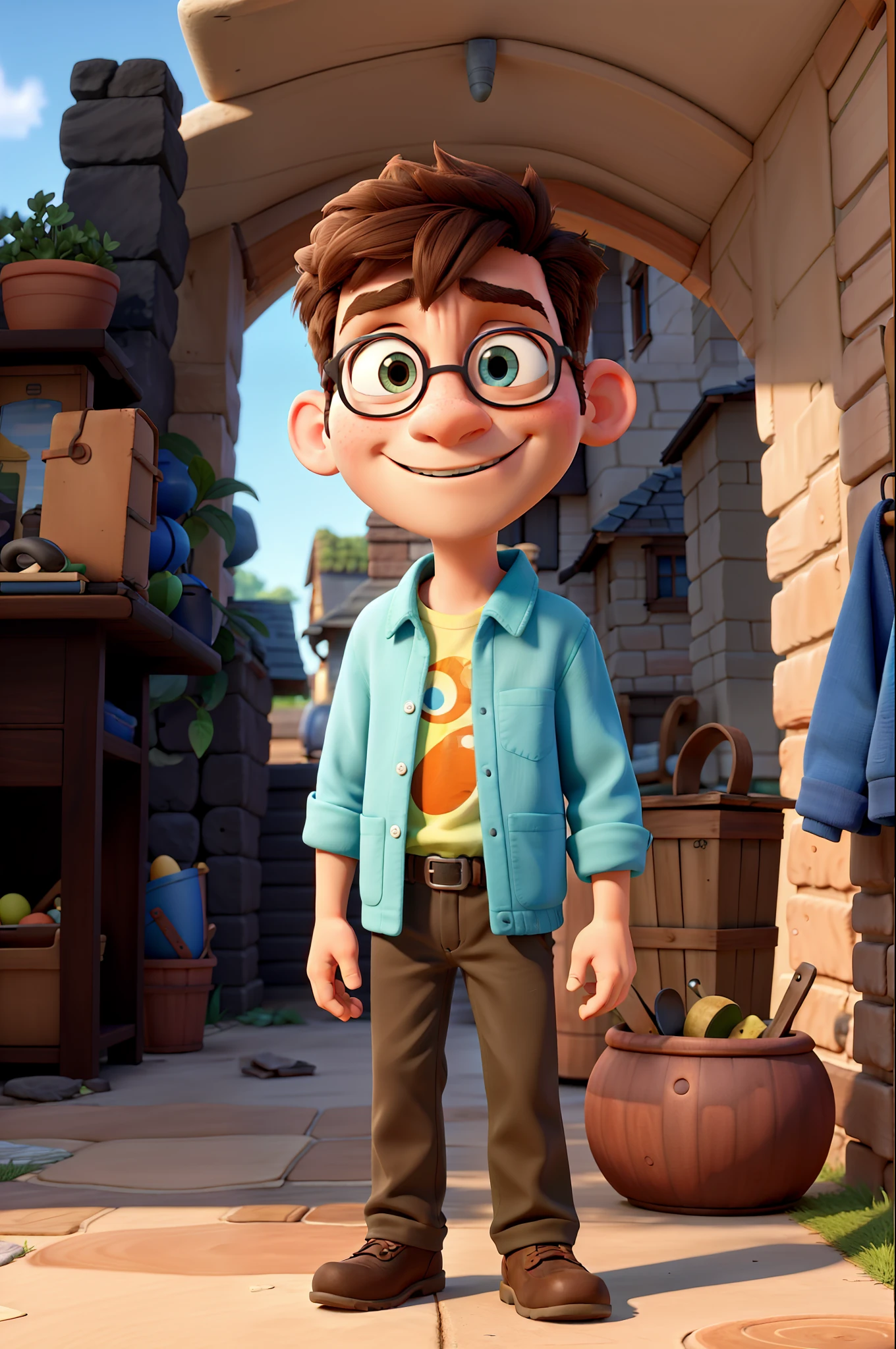centered standing, Pixar style, 3d style, disney style, 8k, Beautiful, In the busy world of childhood where the winds of imagination roam free, lives a young boy, detailed face, whose thin figure mirrors that of young Mr. Potter. Delving deep into the realms of thought, his reserved nature often leads him to silently contemplate the mysteries of the world. And in its quest for exploration, its reliable pockets serve as a never-ending haven for not only its erudite utensils, but also its midday, 3D-style sustenance rendered in 8k using Disney's beautiful animation