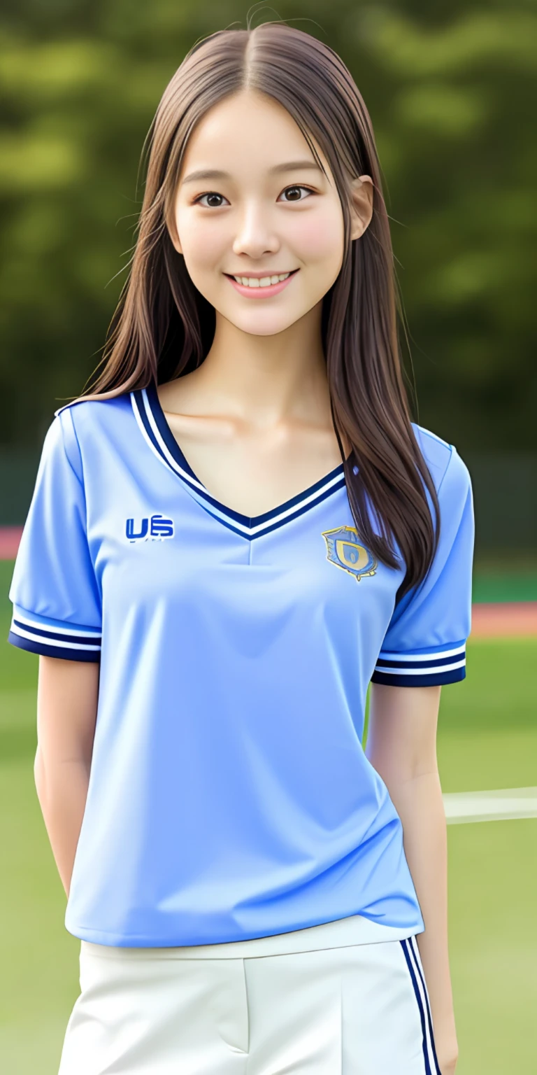 neat college girl, petite, (school uniform, summer clothes, short sleeves), outside the athletic field, (slim), photorealistic, detail, skin texture, ultra detail, delicate and sexy collarbone, smile, super detailed face, detailed lips, detailed eyes, double eyelids
