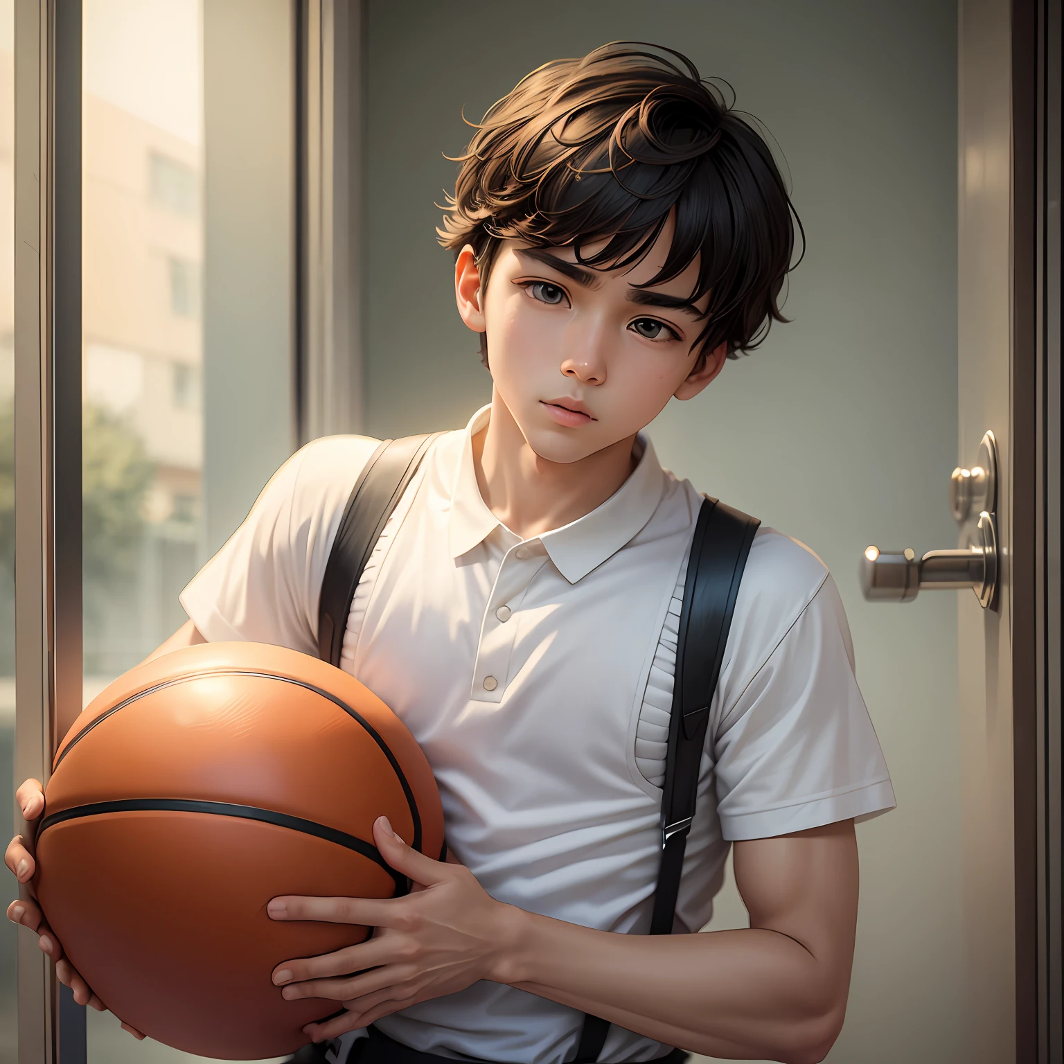 Boy, medium-sized basketball and wearing suspenders --auto --s2