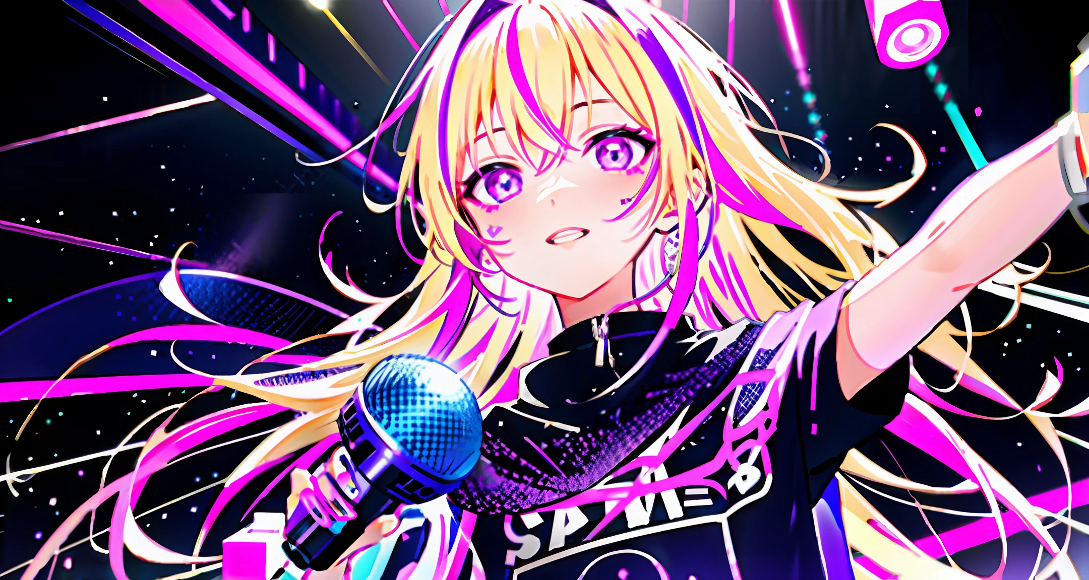 One 2d anime girl light blonde hair violet eyes under pink spotlight, neon pink and purple and blue stage decorations, holding microphone and singing music, bejeweled microphones with led purple pink lights