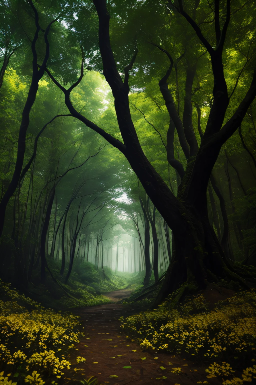 Forest, trees, sky, flowers and plants, depth of field, hollow, dark color, earth, stone, yellow, green