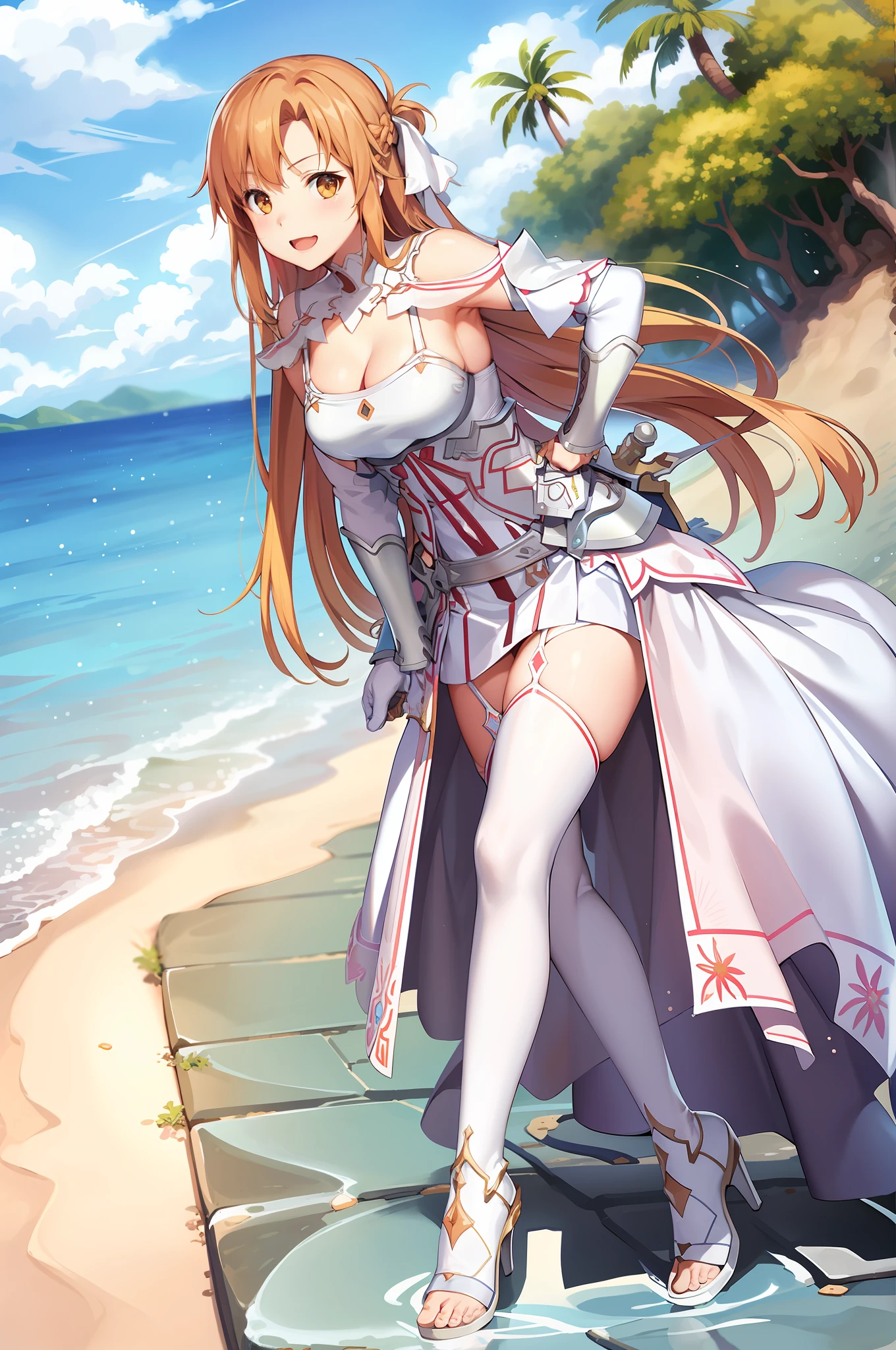 stacia, asuna, asuna_\(sao\), 1girl, (sexy pose:1.4), fantasy, highres, looking_away, looking_to_the_side, original, realistic, scenery, close_up, upper_body, (draw sword:1.5), smiling, solo, (potruding nipple:1.2), long hair, looking at viewer, smile, open mouth, bangs ,detailed eyes, beautiful background, (summer, beach), hands on the chest, orange hair, thighhighs, gloves, dress, (cleavage:1.4), bare shoulders, brown eyes, very long hair, standing, (full body:1.5), white gloves, white dress, armor, white thighhighs, garter straps, fantasy, white armor, abec, sfw