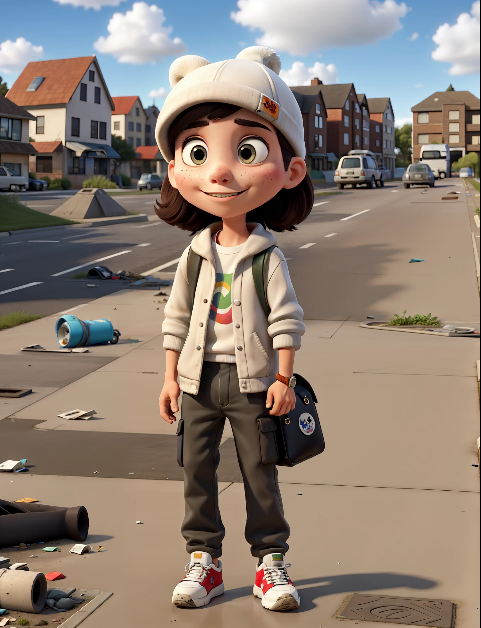 masterpiece, best quality, 1boy, walk on the sidewalk, hip hop woman, baggy pants, retro, suburban, suburb, 1980, white beanie, outdoor, relaxed, puddles, drain, rebellious, dragged, ((graffiti)), ((garbage)), dirt lying down, leaves, (((broken concrete)), city, symmetrical eyes, hands in pockets, clouds, cloudy, detailed face,