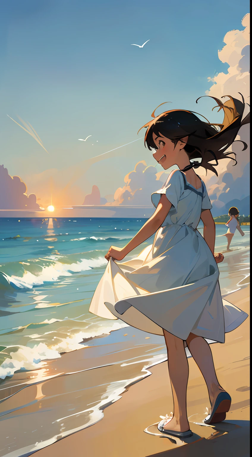 (Artistic quality, HD picture) In summer, playing on the beach, having fun, excited, cheering, smiling, little boys and girls playing sandcastles, adults playing in the shallow sea. Bright sunshine, clear waves, quiet beaches, gentle winds, and unbridled joy are immersed in the picture. --auto --s2